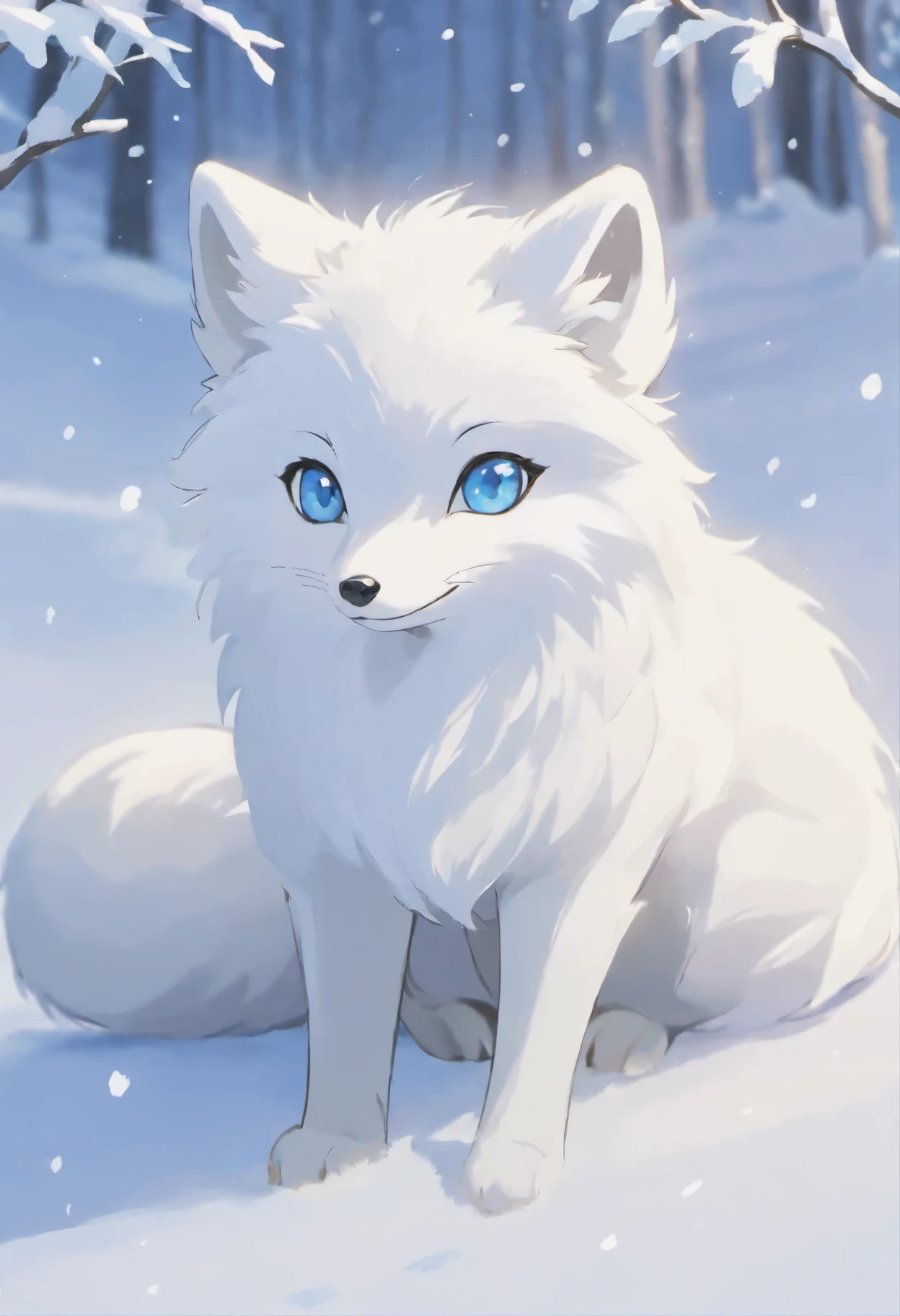 A majestic arctic fox in a snowy landscape, (best quality, highres, ultra-detailed, masterpiece:1.2) capturing its beauty and grace with ultra-fine painting techniques. The fox's fur is fluffy and pristine white, with (vivid, intense, pure) colors highlighting its striking blue eyes. The lighting is soft and gentle, illuminating the fox's face and emphasizing its (sharp, defined) features. The arctic fox is surrounded by a winter wonderland, with glistening snowflakes and a sense of tranquility. The overall color tone is cool, with shades of blue and silver, creating a serene and ethereal atmosphere.