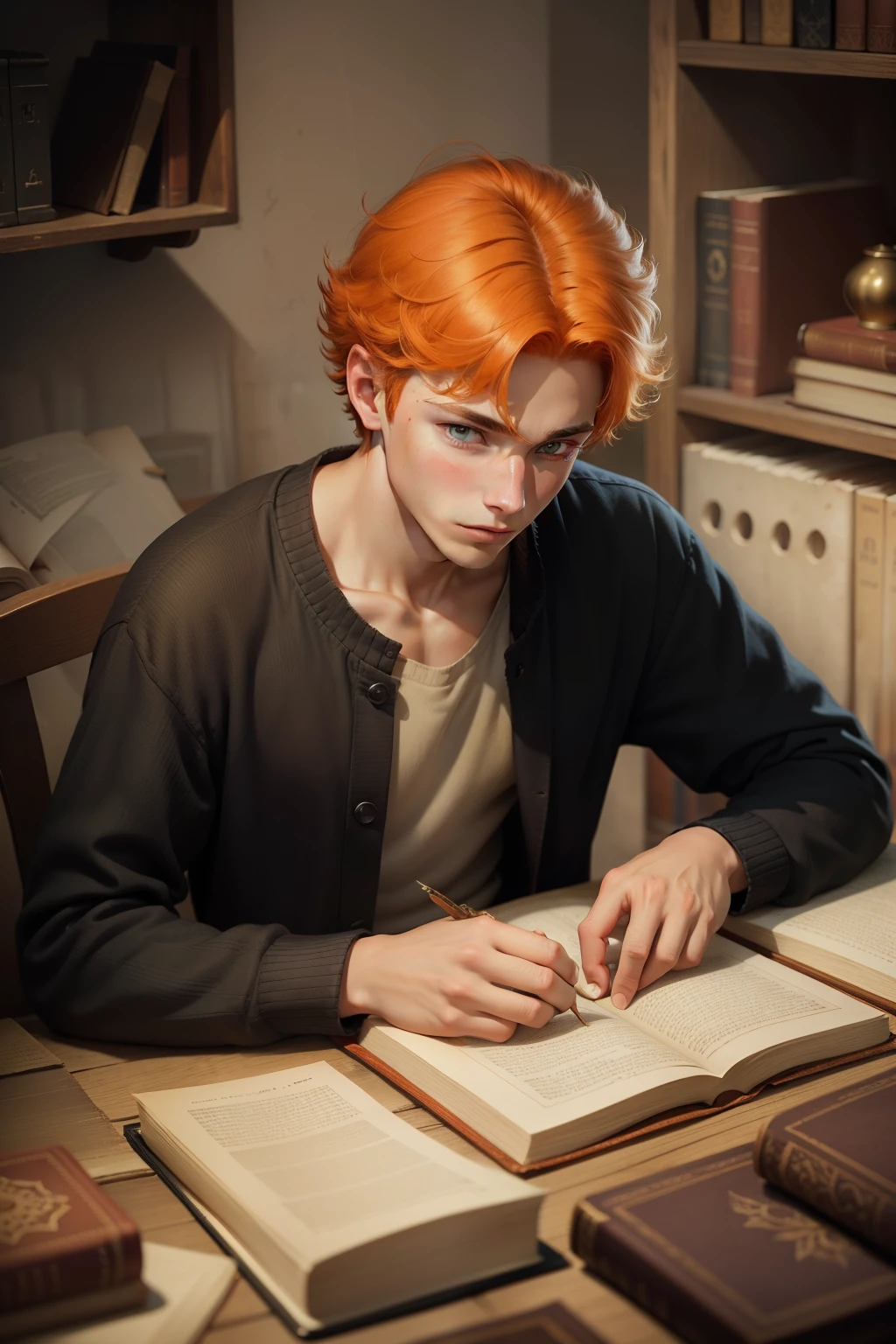 beautiful young man of 17 years old with orange hair and orange eyes is looking at the pages of an old book