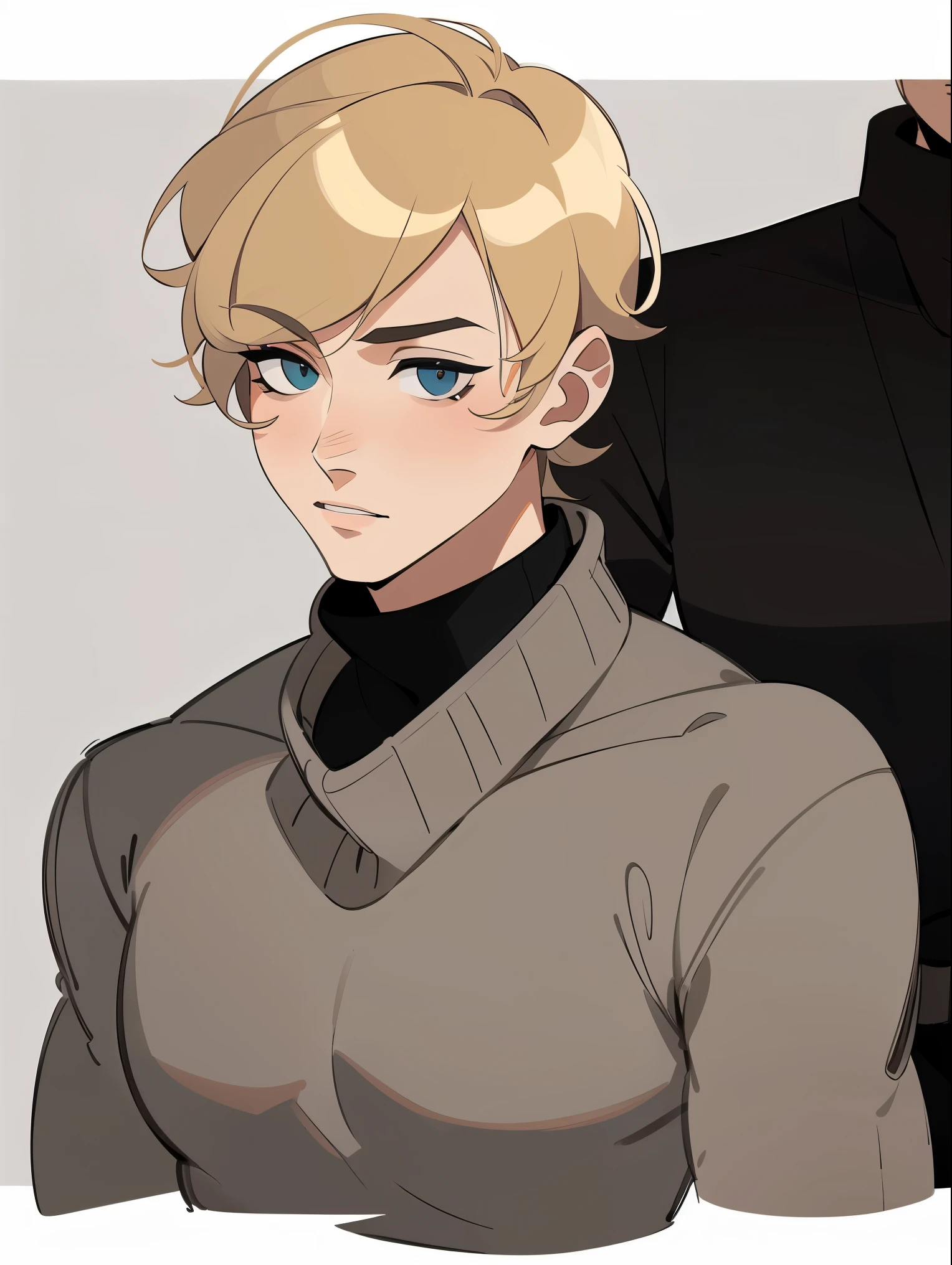 Man, blond short hair, Without bangs, black turtleneck, gray sweater without collar