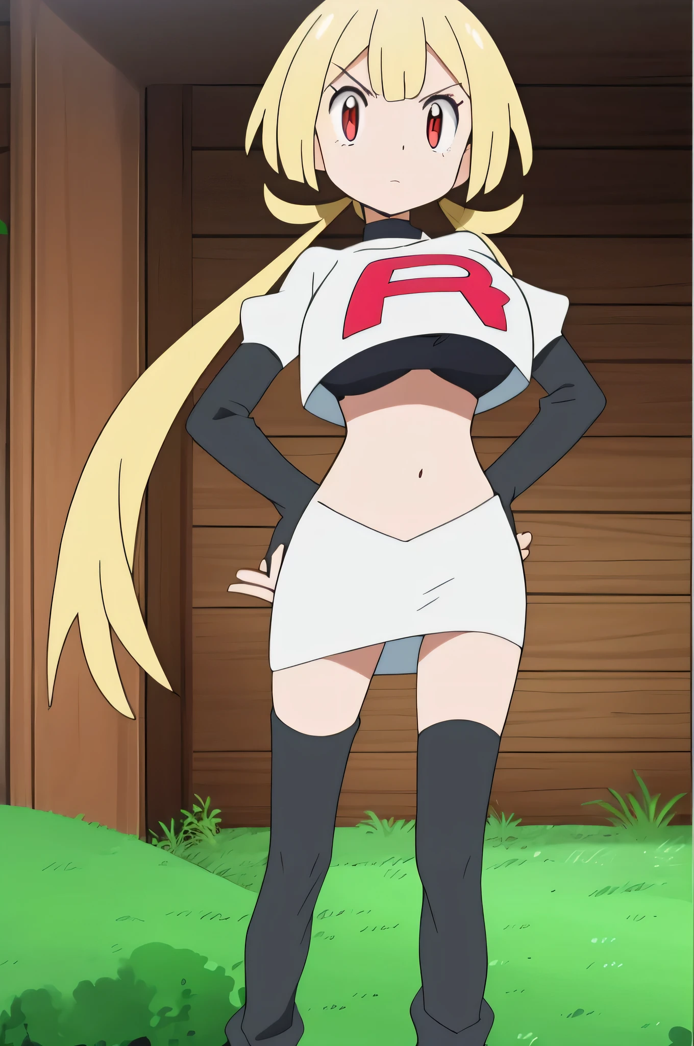 1girl in, (Solo:1.2), (Perfect body:1.1), (Best Quality:1.1), Cute Girl, Tsundere:1.1, (student clothes:1.4), (tiered layers skirt:1.2), very large breast, a blond, Long twintails, Black Ribbon Hair Fastening, Tsuriformes, sharp eye, Sanpaku eyes, (1.5), Noble atmosphere, Fine-grained skin, (Choker with a cross:1.1), View of the valley, Navel Ejection, Raw feet, a belt on the thighhigh, Bright red eyes, Shining eyes, (NSFW:0.8), 8K, a belt on the thighhigh, Skinny Legs, School grounds with grass, full body seen, (Looking down here:1.2), (Loose socks:1.3), I don't have anything in my hands, No one around, hands on hip,team rocket uniform, red letter r, white skirt,white crop top,black thigh-high boots, black elbow gloves, glaring, looking at viewer, hands on hips