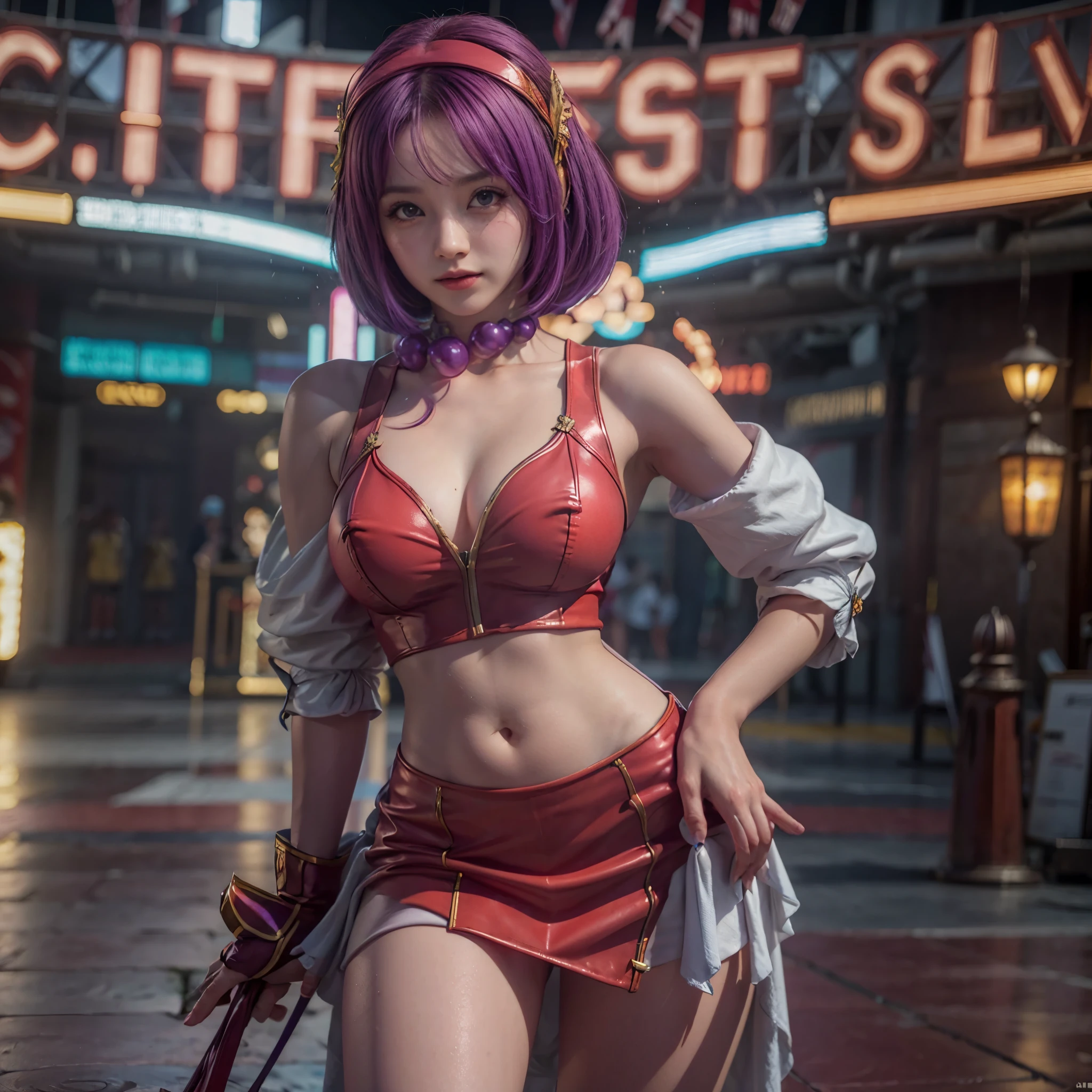 realista, 4k , textura detalhada, foto detalahda ,uma jovem garota de cabelos roxos , idolo k-pop provocando um coelega com pose sexy , athena Asamiya, cor de cabelo roxo
