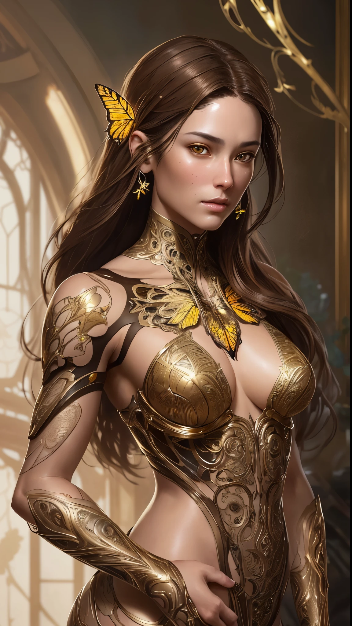 8k portrait of beautiful cyborg with brown hair, intricate, elegant, highly detailed, majestic, digital photography, art by artgerm and ruan jia and greg rutkowski surreal painting gold butterfly filigree, broken glasasterpiece, sidelighting, finely detailed beautiful eyes: 1.2), hdr,