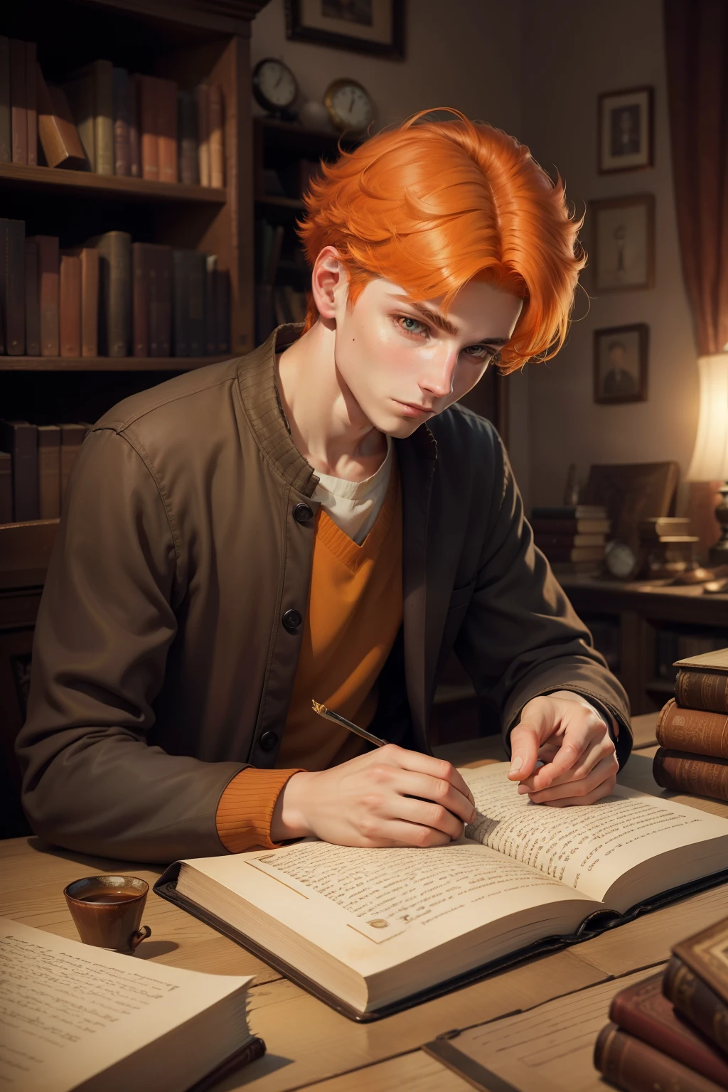 beautiful young man of 17 years old with orange hair and orange eyes is looking at the pages of an old book