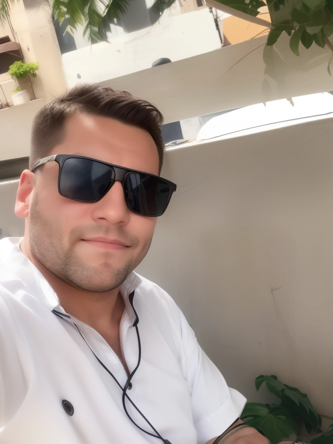 there is a man wearing sunglasses and a white shirt sitting outside, with accurate face, in city street, 25 years old man, about 23 years old, very clear picture, without helmet, with sunglass, candid picture, 8k selfie photograph, very very low quality picture, selfie photo, selfie!!!!! of a man, taken with sony a7r camera