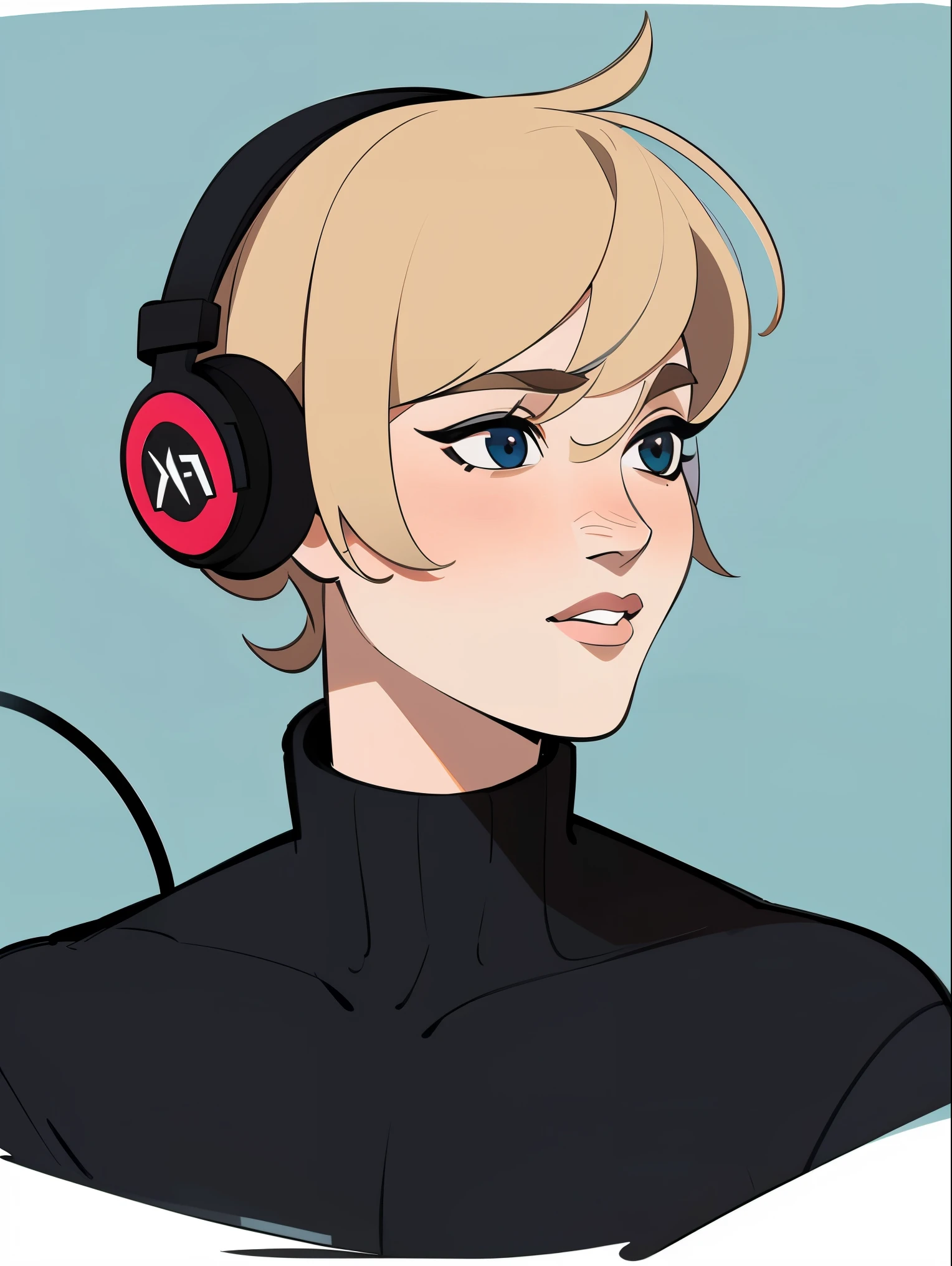 Man, blond short hair, Without bangs, black turtleneck, with headphones