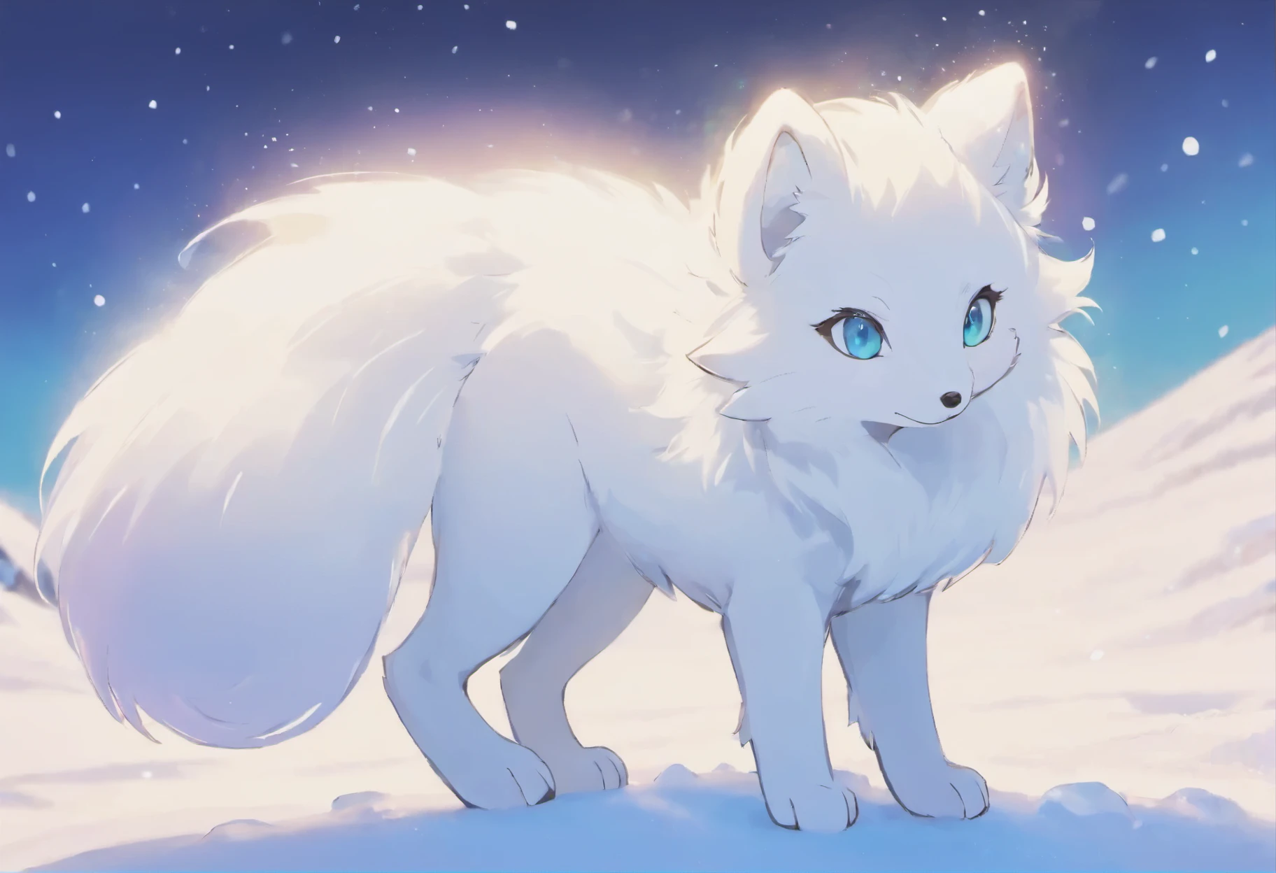 A majestic arctic fox in a snowy landscape, (best quality, highres, ultra-detailed, masterpiece:1.2) capturing its beauty and grace with ultra-fine painting techniques. The fox's fur is fluffy and pristine white, with (vivid, intense, pure) colors highlighting its striking blue eyes. The lighting is soft and gentle, illuminating the fox's face and emphasizing its (sharp, defined) features. The arctic fox is surrounded by a winter wonderland, with glistening snowflakes and a sense of tranquility. The overall color tone is cool, with shades of blue and silver, creating a serene and ethereal atmosphere.