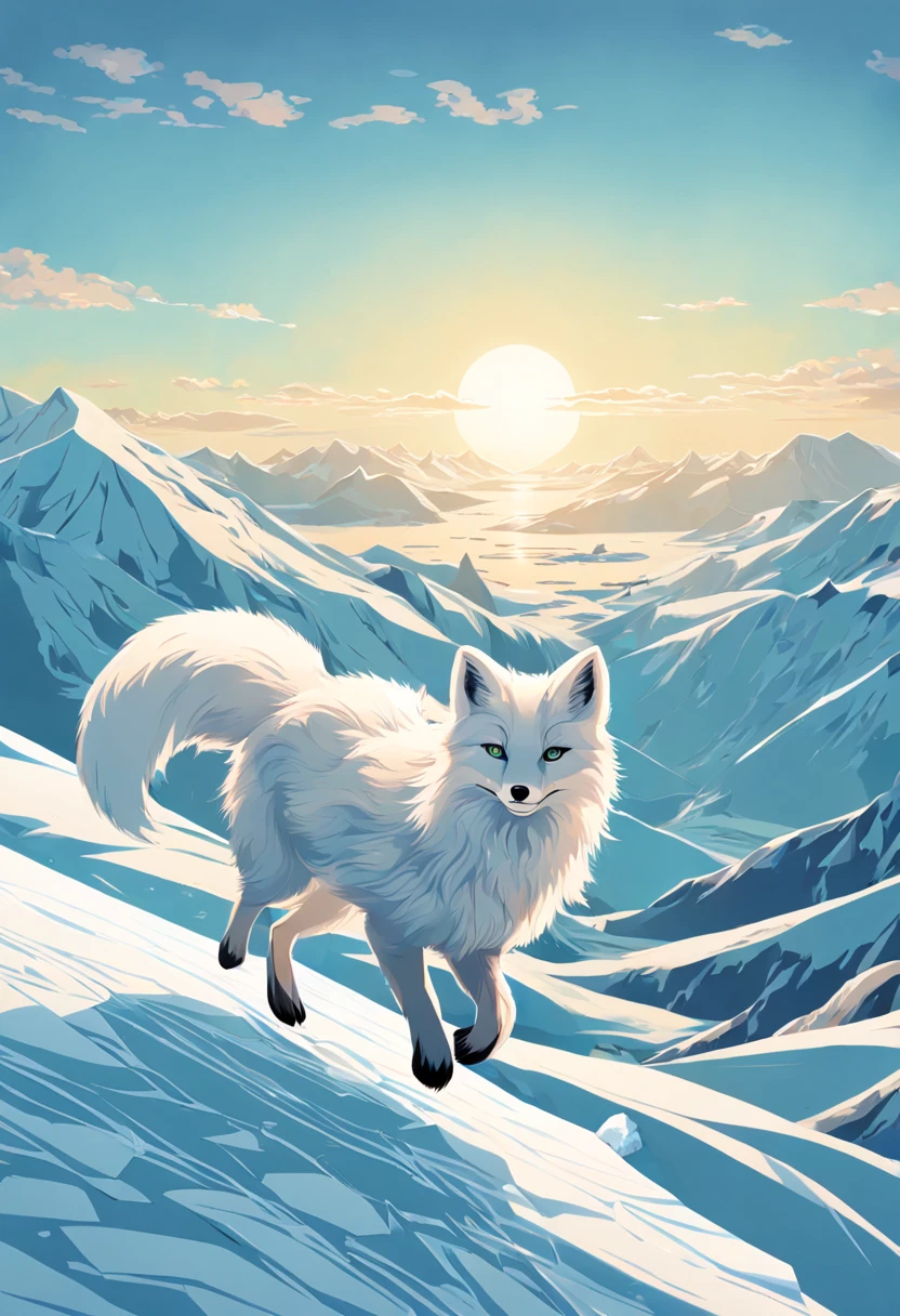 The Arctic Fox's Journey: (masterpiece, best quality, illustration, vibrant:1.2), an agile (arctic fox:1.3) leaping across fragmented ice floes, dynamic splash of icy water, mid-action, bright (sunlight reflecting:1.1) off glistening snow, (distant mountains:1.1), clear blue sky, a palette of cool blues and whites, sense of movement, the fox's focused (heterochromatic eyes: one blue, one green:1.2), long shadow cast on the frosty ground, intricate fur detail showing adaptation to the environment, mid-pounce, sense of adventure, aesthetic