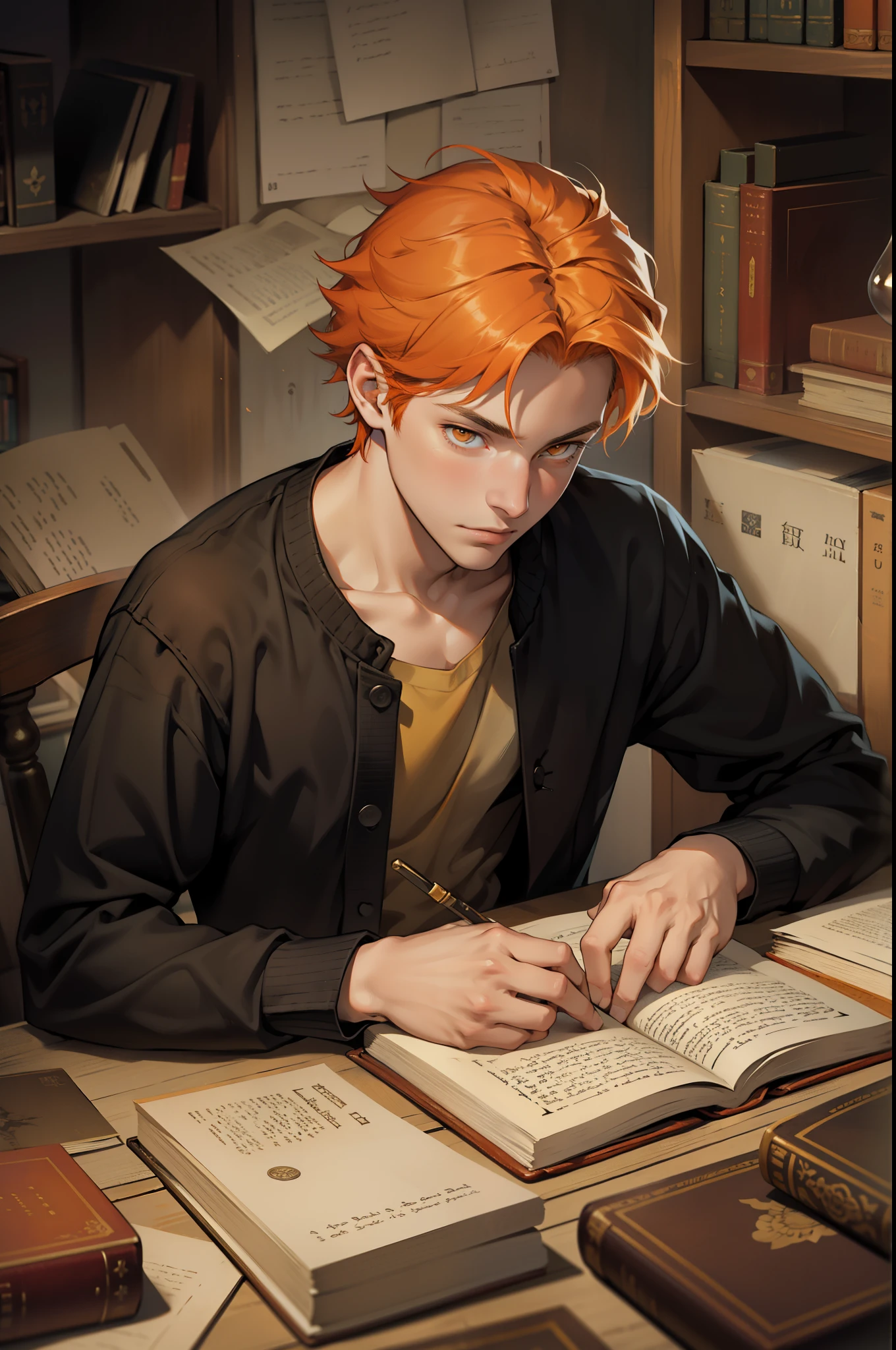 beautiful young man of 17 years old with orange hair and orange eyes is looking at the pages of an old book