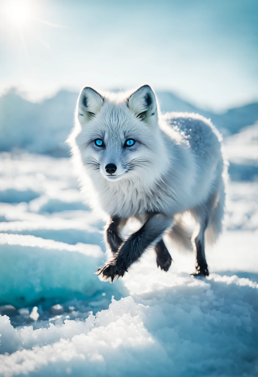 The Arctic Fox's Journey: (masterpiece, best quality, illustration, vibrant:1.2), an agile (arctic fox:1.3) leaping across fragmented ice floes, dynamic splash of icy water, mid-action, bright (sunlight reflecting:1.1) off glistening snow, (distant mountains:1.1), clear blue sky, a palette of cool blues and whites, sense of movement, the fox's focused (heterochromatic eyes: one blue, one green:1.2), long shadow cast on the frosty ground, intricate fur detail showing adaptation to the environment, mid-pounce, sense of adventure, aesthetic