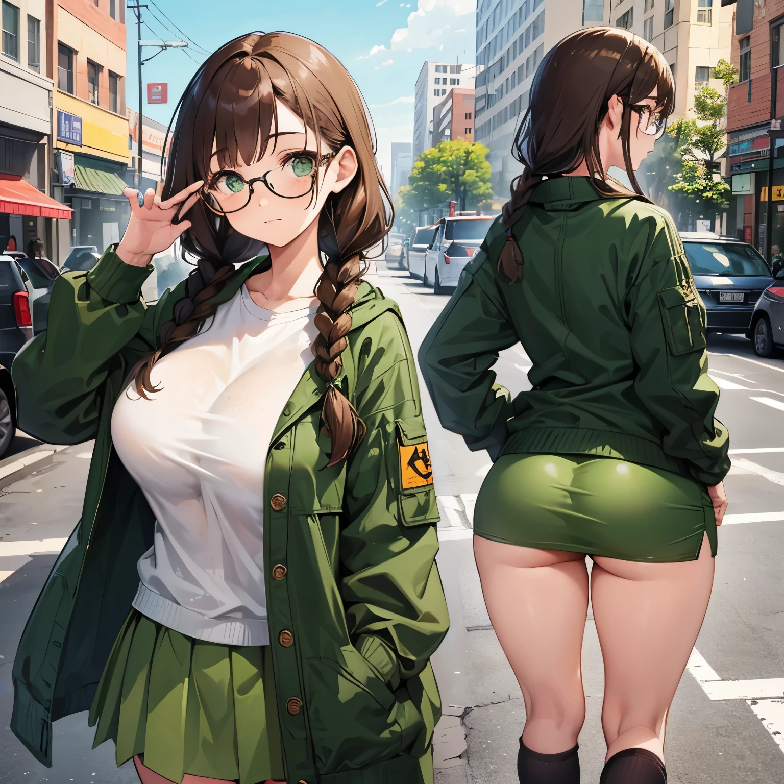 1girl, detailed face, detailed eyes, brown hair, twin braids, brown eyes, glasses, (freckles;1.5), huge breasts, huge ass, green jacket, miniskirt, outdoors, city