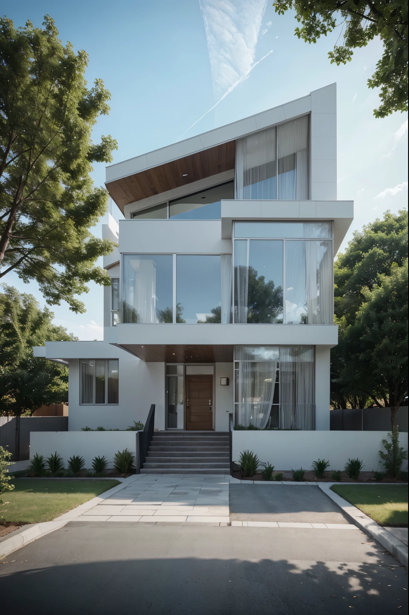 Promt:masterpiece, (photorealistic:1.2), best quality, ultra high res, exterior,architechture,modern house,white wall, glass windows,,trees,traffic road,design,trees around, blue sky,in the style of realistic hyper-detailed rendering, 32k uhd, low-angle, composite construction, piles/stacks, innovative page design, daylight,render( Vray:1.1)