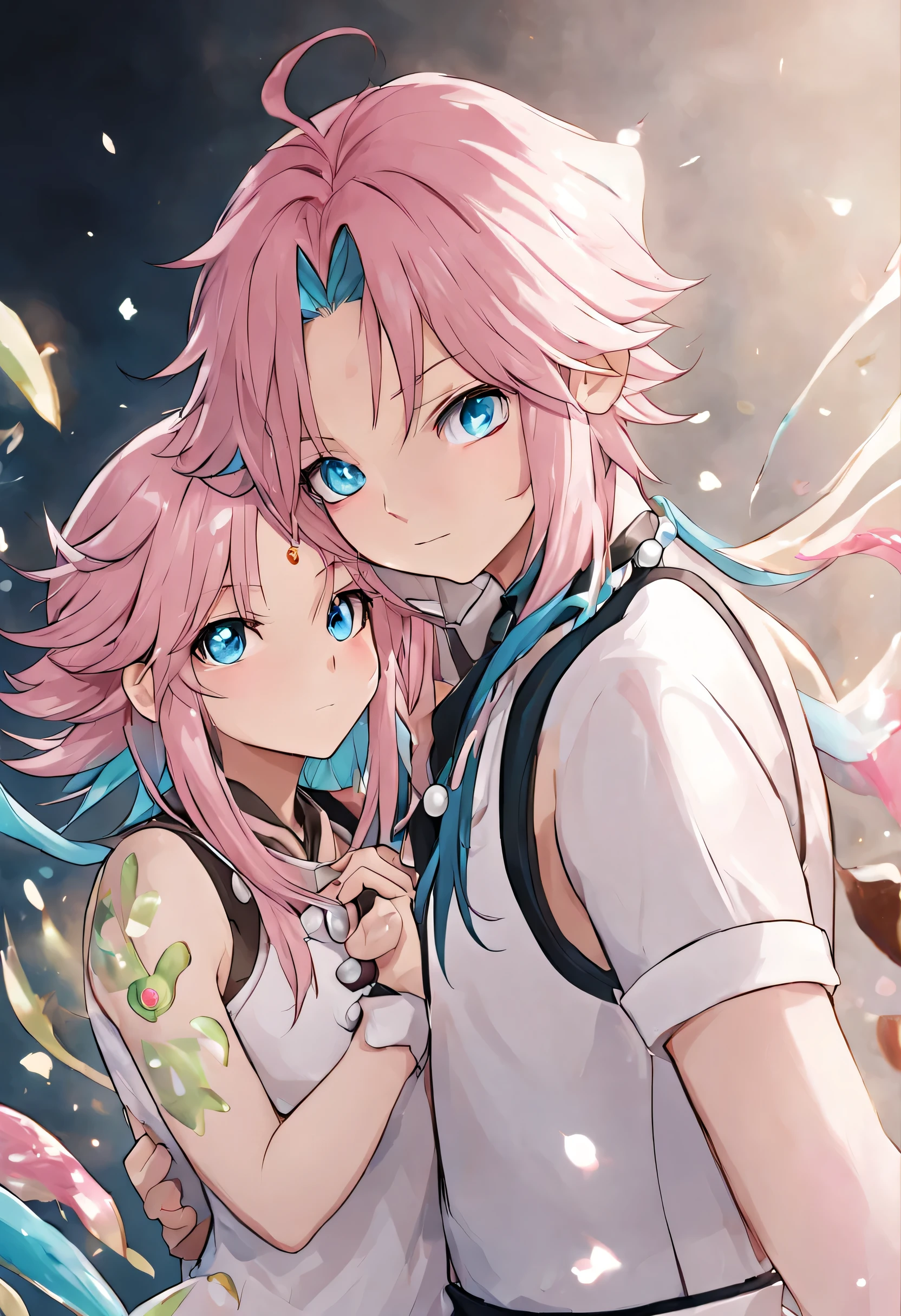 ultra-detailed,(best quality),((chef-d&#39;Ouvrages d&#39;art)),(high resolution),original,extremely,(\Xiao\),1 boy and 1 girl have long pink hair and blue eyes , seulement, Foy est masculin, bijoux, Gants, perles, collier de perles, ahogé, frange,glande, couple fille et garçon
