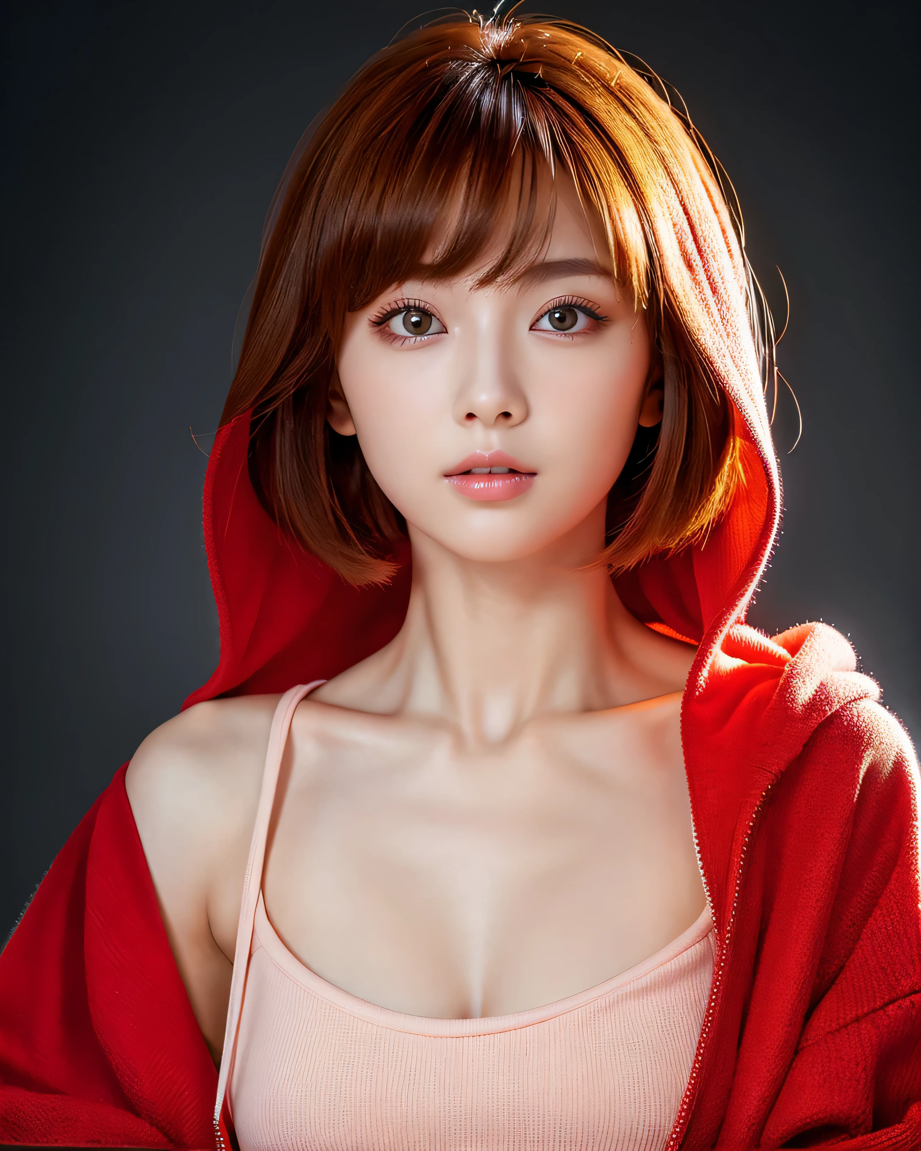 (high quality, 4k, 8k, High resolution, masterpiece:1.2)beautiful japanese girl, complex red hair, red hair, short cut hair, bob hair, asymmetrical bangs, big magical eyes, detailed beautiful eyes, thin eyebrows, smooth soft skin, pale pink lips, A fleeting expression, black tank top, black oversized hoodie, The hood is covered deeply., Detailed and perfect clavicle, High resolutionの美しい胸元, beautiful legs, flame background, professional lighting, professional photographer
