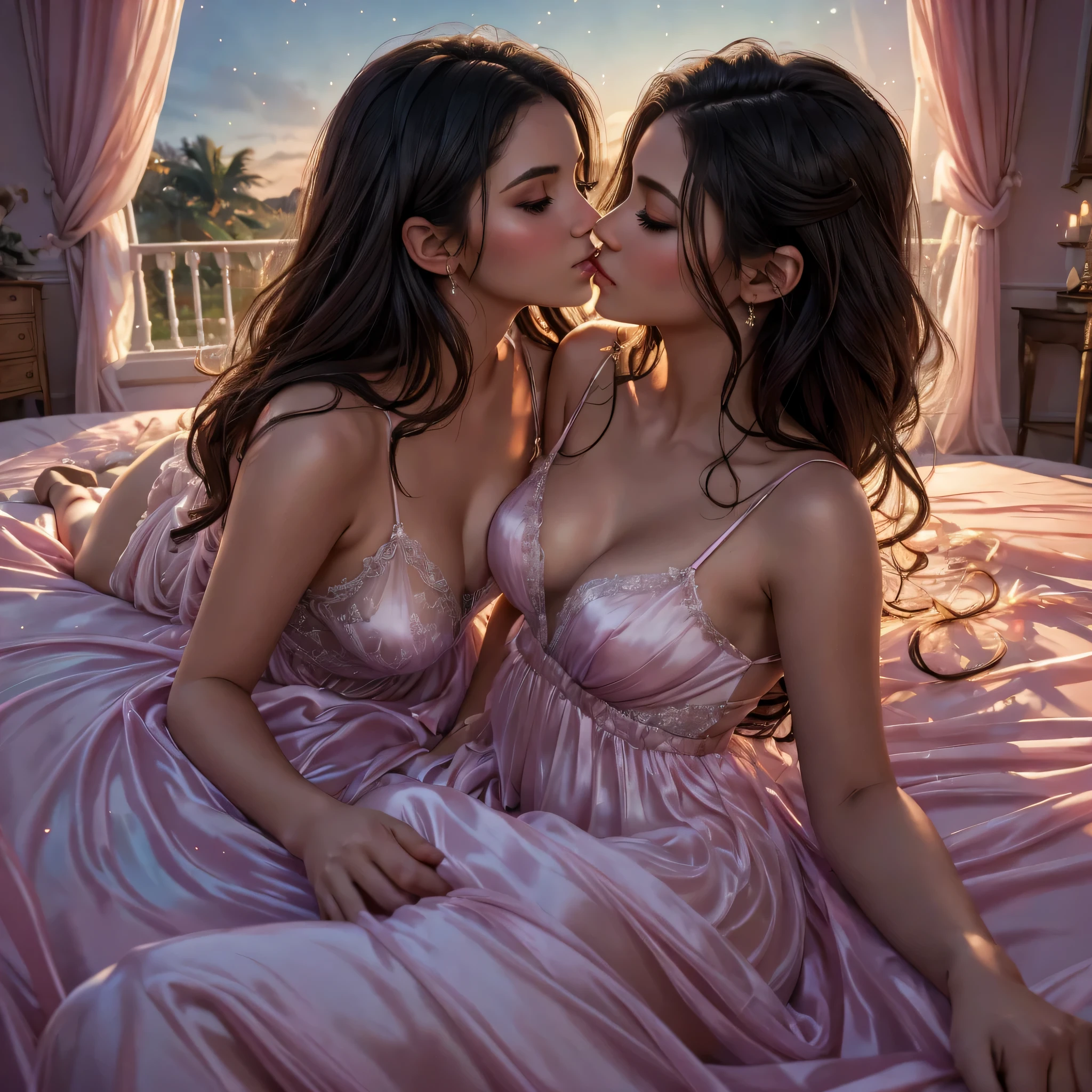 two angel kissing, see her ass,(bright lighting,romantic setting),dreamy background,,dark hair, mesmerizing gaze, , soft skin, alluring beauty, artistic portrait, high-quality image, vibrant colors,translucent long silk gown, mosquito net, lying down, romantic bedroom