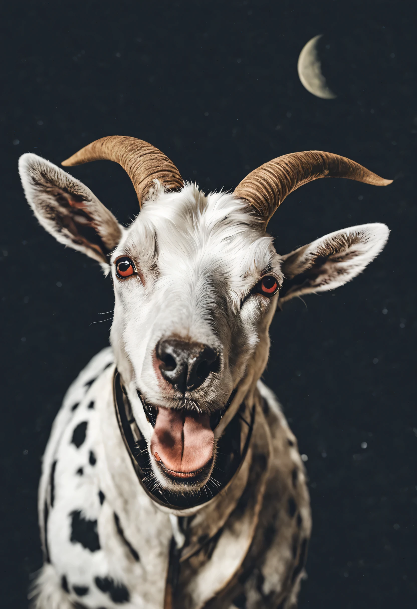 goat,Dalmatian,space,moon,long teeth,black horns,black circle,crater,smile,