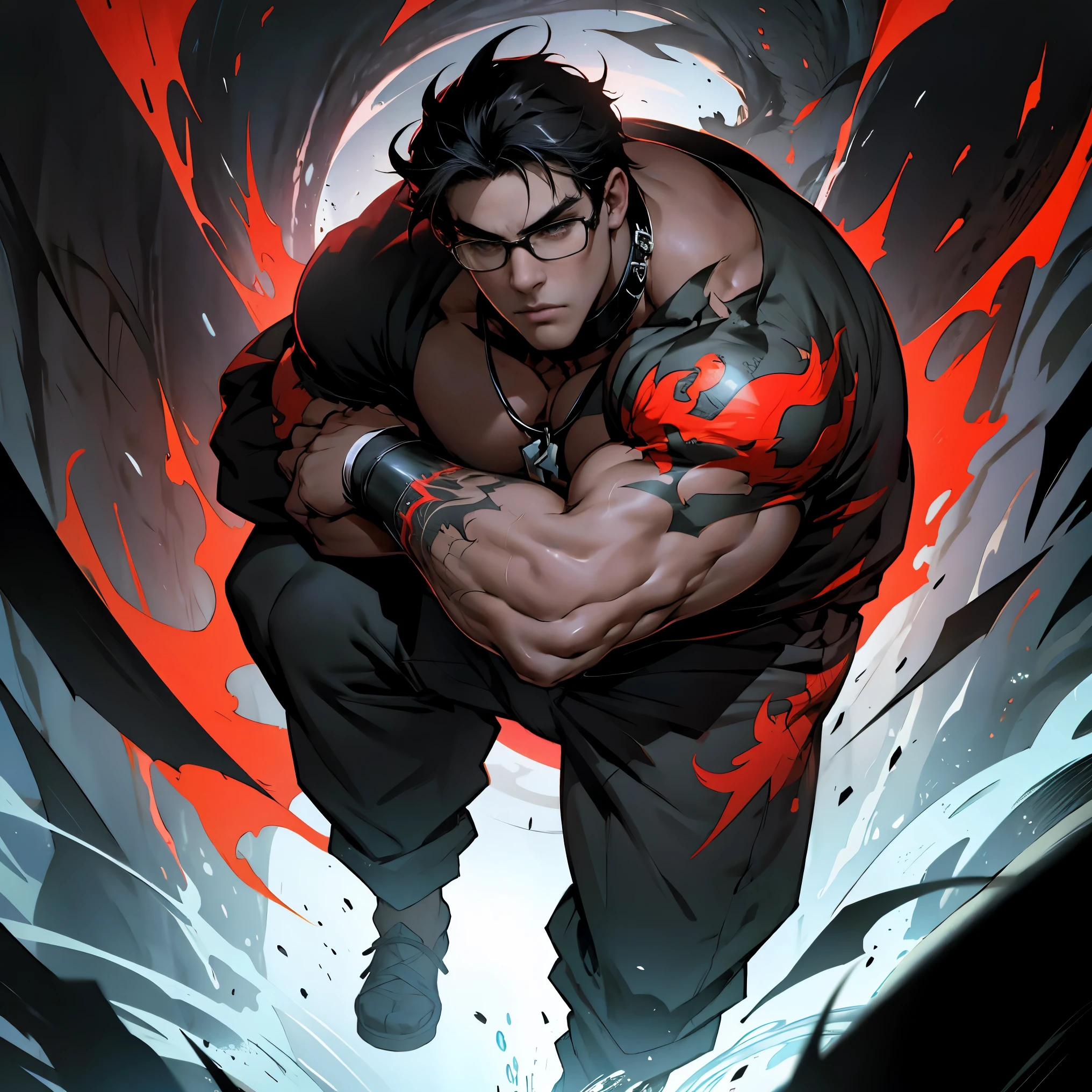 ((anime style art)),solo images、、 full body image, up and down angle, very muscular fat、thick lips、round black rimmed glasses、black hair、Black choker around the neck、tattoo of entire arm、Dangerous aura、big body、Deep Red&Black Raysian Unleashed.Strong-looking body、super strong.7dragons men&#39;s hairstyle、night city background