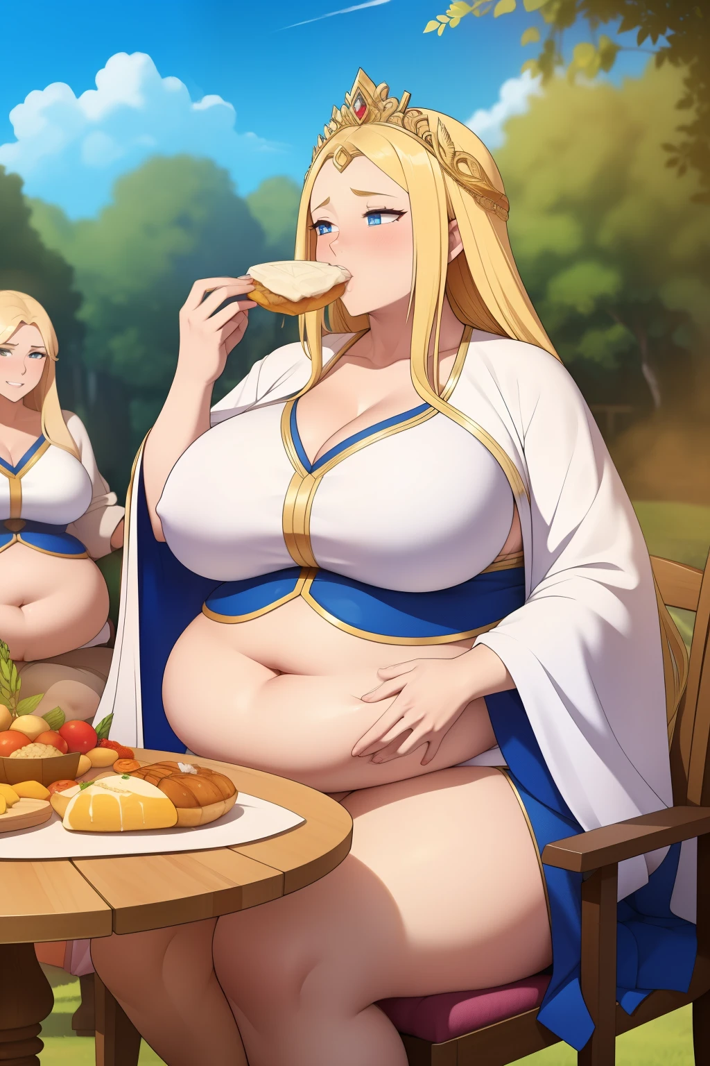 Masterpiece: superb super detailed goddess, white robe, long hair, blonde staff, sunshine, blue sky, big breasts, plump women, mature women, big belly, abnormally large belly, eating food, feast, table, chairs, chubby females background, multiple females, (fart)