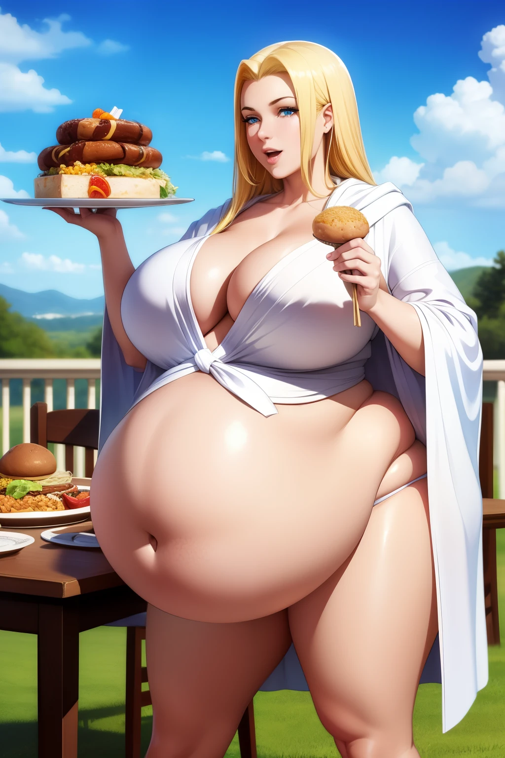 Masterpiece: superb super detailed goddess, white robe, long hair, blonde staff, sunshine, blue sky, big breasts, plump women, mature women, big belly, abnormally large belly, eating food, feast, table, chairs, chubby females backround