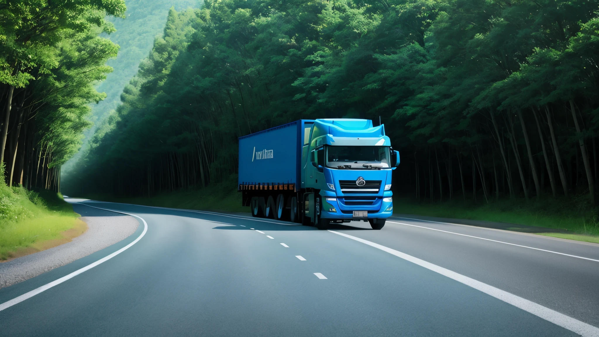 create a road where trees form a tunnel, on the road place a cargo truck, with the blue bucket, heading towards the horizon, dia ensolarado, imagem cheia de detalhes, qualidade 4K, no deformations and no people.