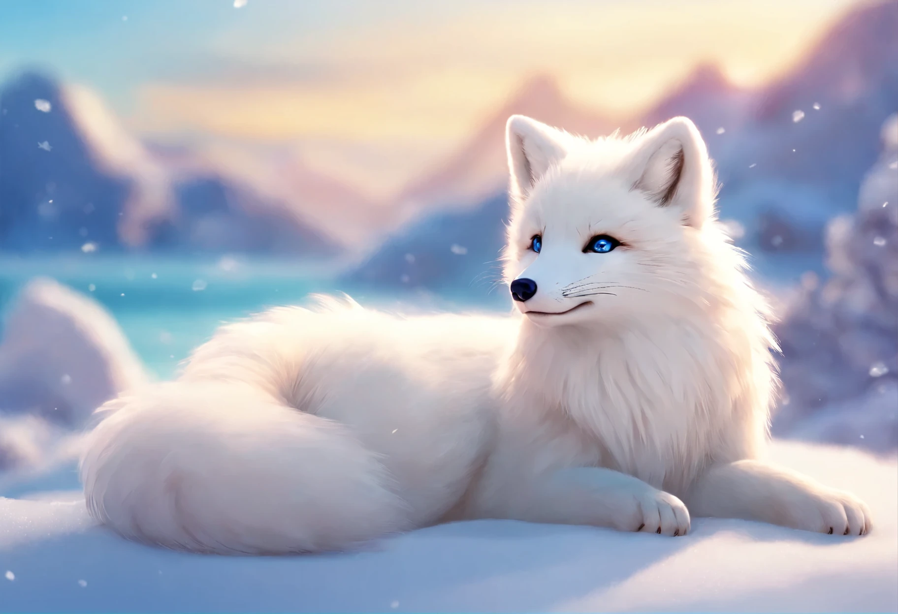 A majestic arctic fox in a snowy landscape, (best quality, highres, ultra-detailed, masterpiece:1.2) capturing its beauty and grace with ultra-fine painting techniques. The fox's fur is fluffy and pristine white, with (vivid, intense, pure) colors highlighting its striking blue eyes. The lighting is soft and gentle, illuminating the fox's face and emphasizing its (sharp, defined) features. The arctic fox is surrounded by a winter wonderland, with glistening snowflakes and a sense of tranquility. The overall color tone is cool, with shades of blue and silver, creating a serene and ethereal atmosphere.