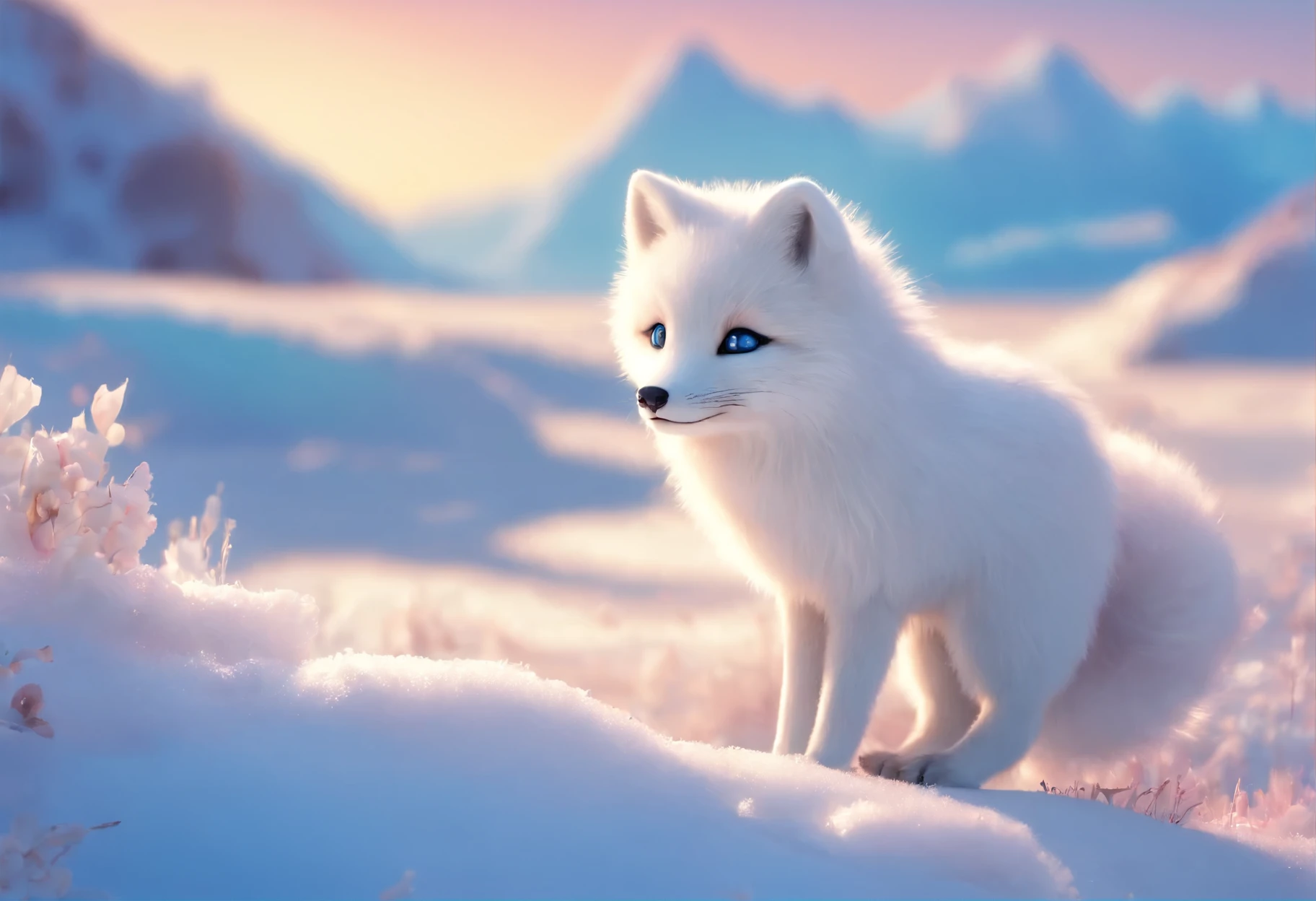 best quality,4k,8k,highres,masterpiece:1.2,ultra-detailed,realistic,elegant arctic fox with piercing blue eyes,fluffy white fur,floating icebergs in the background,snow-covered landscape,subtle shades of blue and white,soft natural lighting