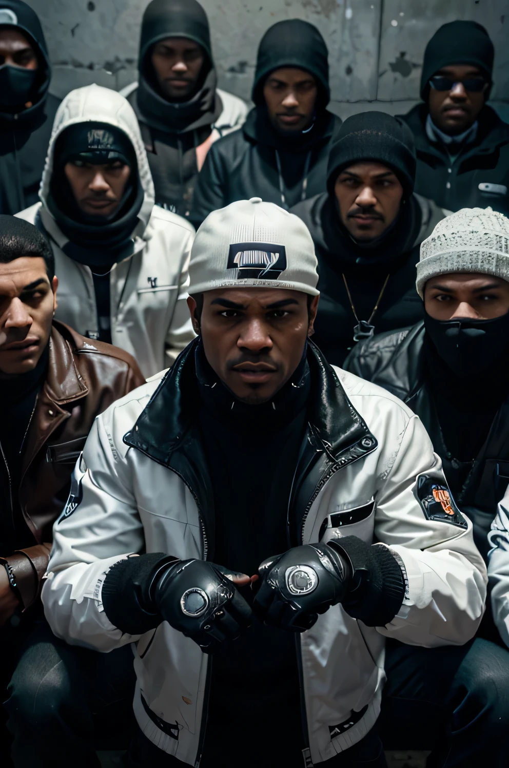 Roadman Latino, Wearing a ski mask, wear a white jacket drip, realistic, Porter des gants noirs, surrounded by truckers, poses badass,6 personnes,tous posant pour l’appareil photo, ombre,close up of 6 personnes GTA V, Photo de GTA V