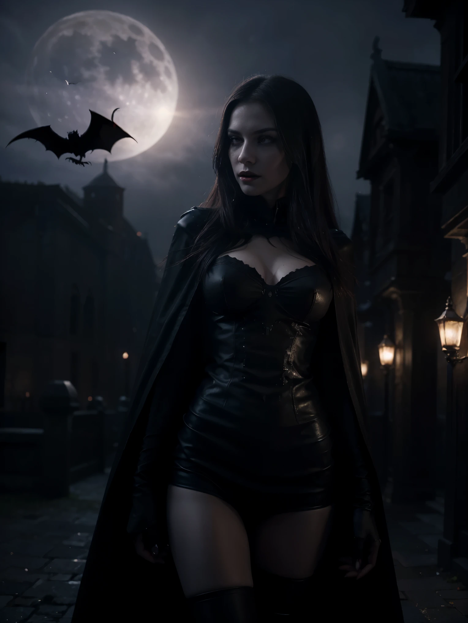 An ultra hot gorgeous European woman. age 23. She’s a vampire with sharp fangs, piercing red eyes, and pale skin,blood dripping from the vampire's mouth,tall and slender figure, wearing a black cloak,standing under a full moon,having a mysterious and intimidating expression,with bats flying around,surrounded by a Gothic castle with dark clouds in the background,(best quality,4k,highres),ultra-detailed,realistic:1.37,night scene with deep shadows and dimly lit candlelight,vivid colors with a dark and sinister color palette,moody and dramatic lighting effect.