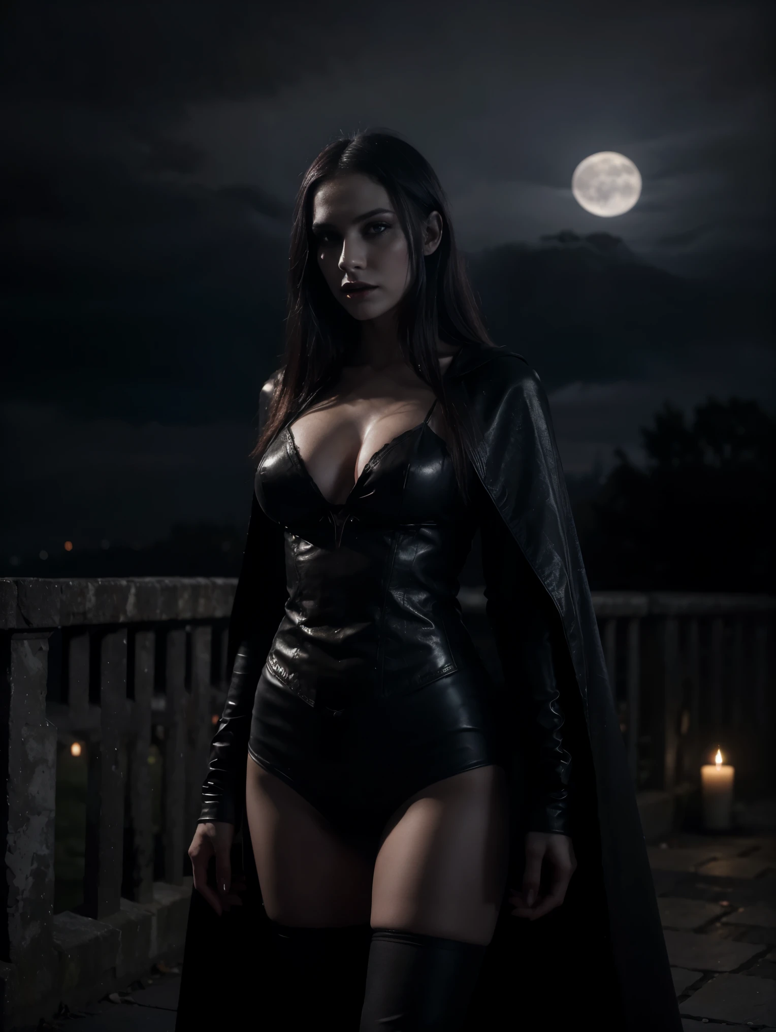 An ultra hot gorgeous European woman. age 23. She’s a vampire with sharp fangs, piercing red eyes, and pale skin,blood dripping from the vampire's mouth,tall and slender figure, wearing a black cloak,standing under a full moon,having a mysterious and intimidating expression,with bats flying around,surrounded by a Gothic castle with dark clouds in the background,(best quality,4k,highres),ultra-detailed,realistic:1.37,night scene with deep shadows and dimly lit candlelight,vivid colors with a dark and sinister color palette,moody and dramatic lighting effect.