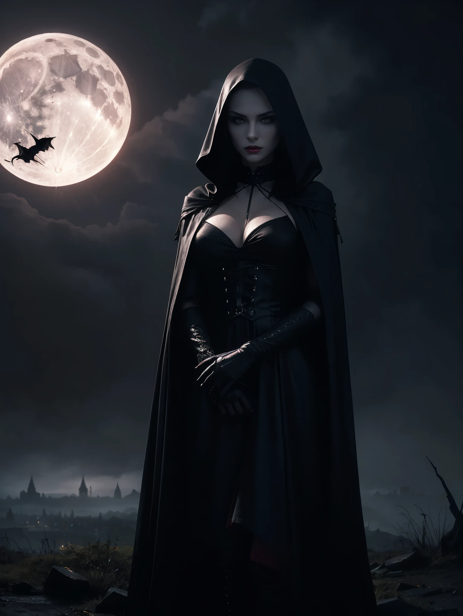 An ultra hot gorgeous European woman. age 23. She’s a vampire with sharp fangs, piercing red eyes, and pale skin,blood dripping from the vampire's mouth,tall and slender figure, wearing a black cloak,standing under a full moon,having a mysterious and intimidating expression,with bats flying around,surrounded by a Gothic castle with dark clouds in the background,(best quality,4k,highres),ultra-detailed,realistic:1.37,night scene with deep shadows and dimly lit candlelight,vivid colors with a dark and sinister color palette,moody and dramatic lighting effect.