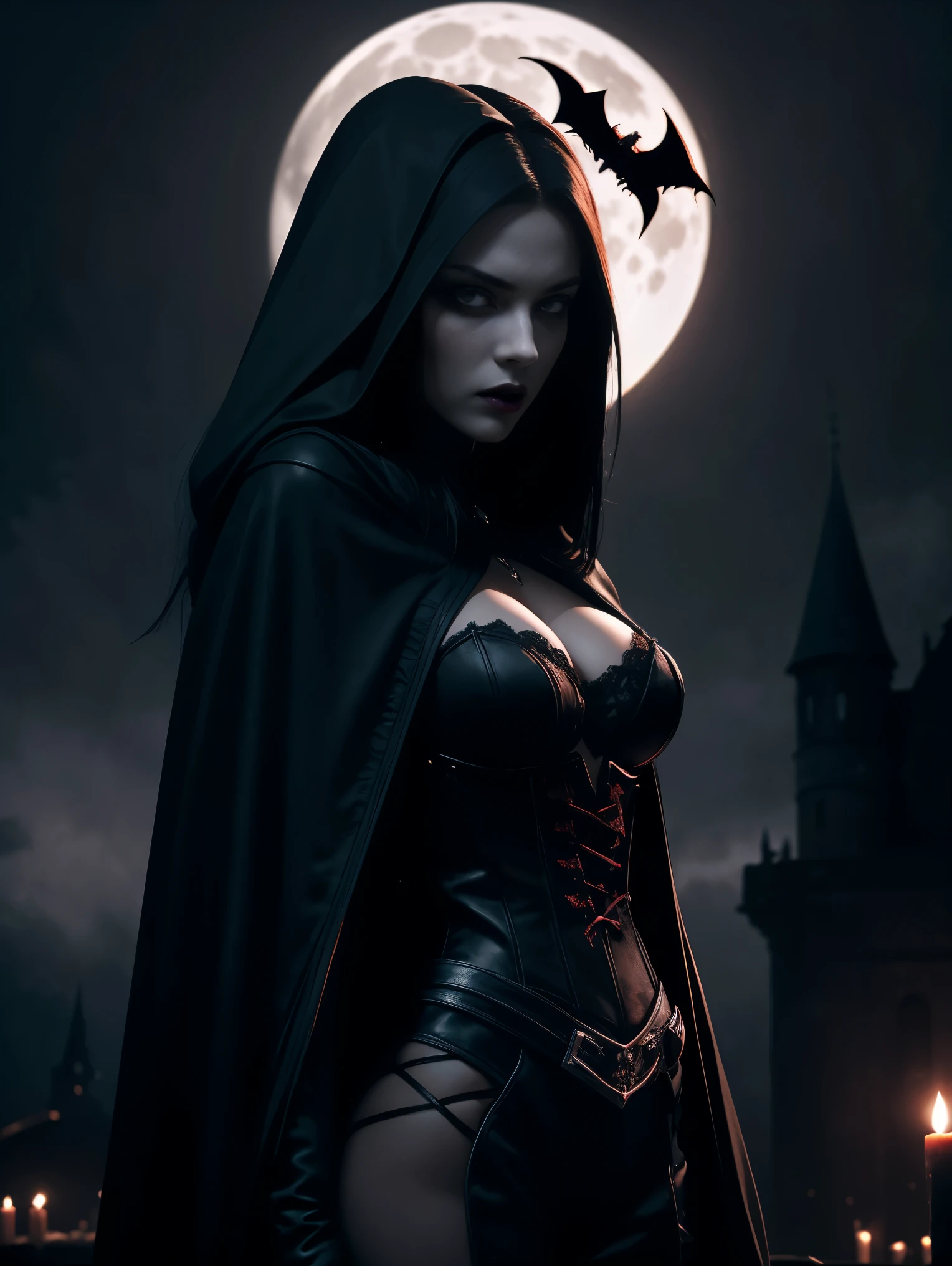 An ultra hot gorgeous European woman. age 23. She’s a vampire with sharp fangs, piercing red eyes, and pale skin,blood dripping from the vampire's mouth,tall and slender figure, wearing a black cloak,standing under a full moon,having a mysterious and intimidating expression,with bats flying around,surrounded by a Gothic castle with dark clouds in the background,(best quality,4k,highres),ultra-detailed,realistic:1.37,night scene with deep shadows and dimly lit candlelight,vivid colors with a dark and sinister color palette,moody and dramatic lighting effect.