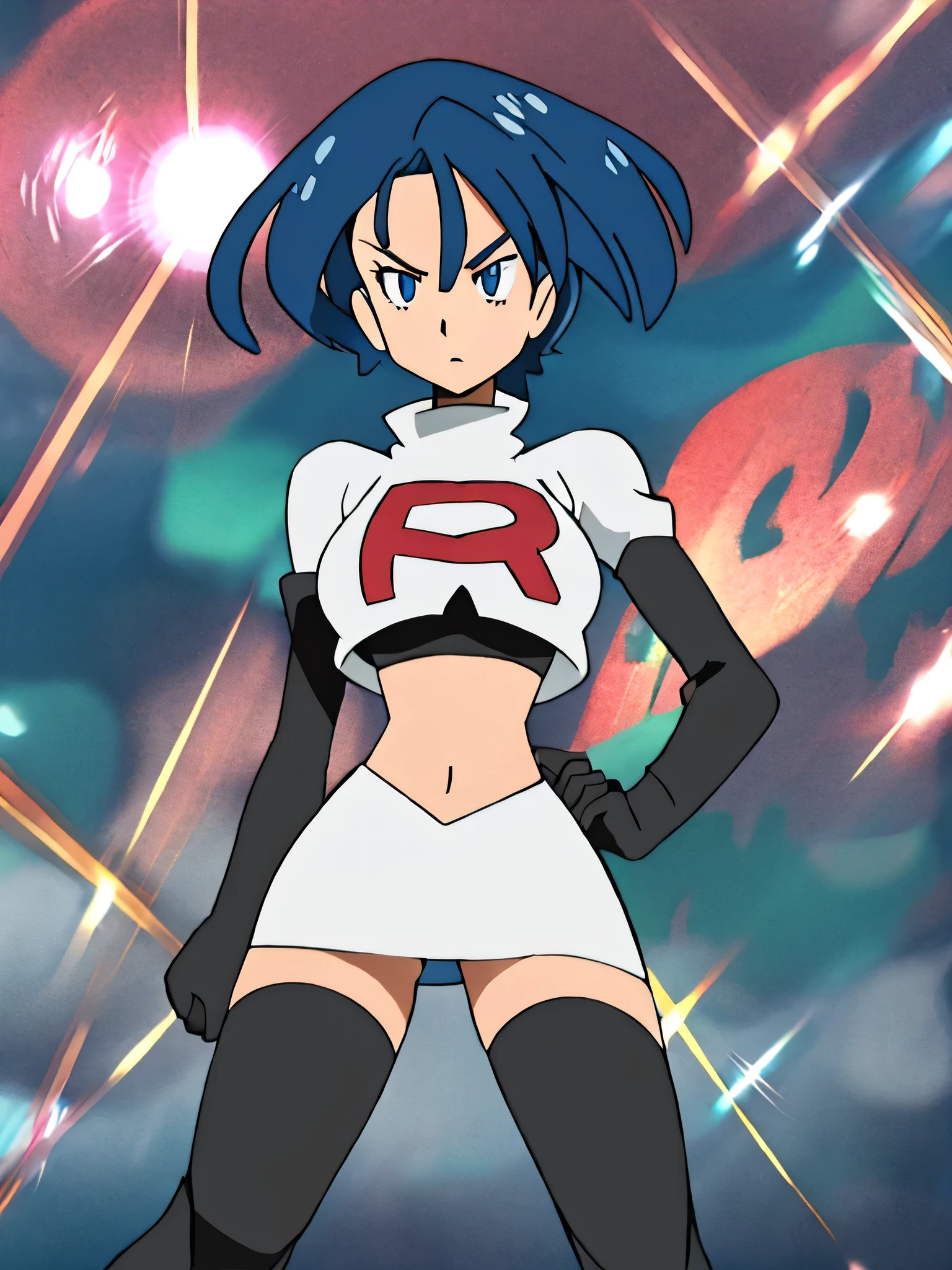 8k, ,1girl in, (solo:1.1), (perfect body:1.1), (best quality:1.1), very large breast, team rocket uniform, red letter r, white skirt,white crop top,black thigh-high boots, black elbow gloves, glaring angrily, looking down at viewer, hands on hips,zettai ryouiki,cowboy shot