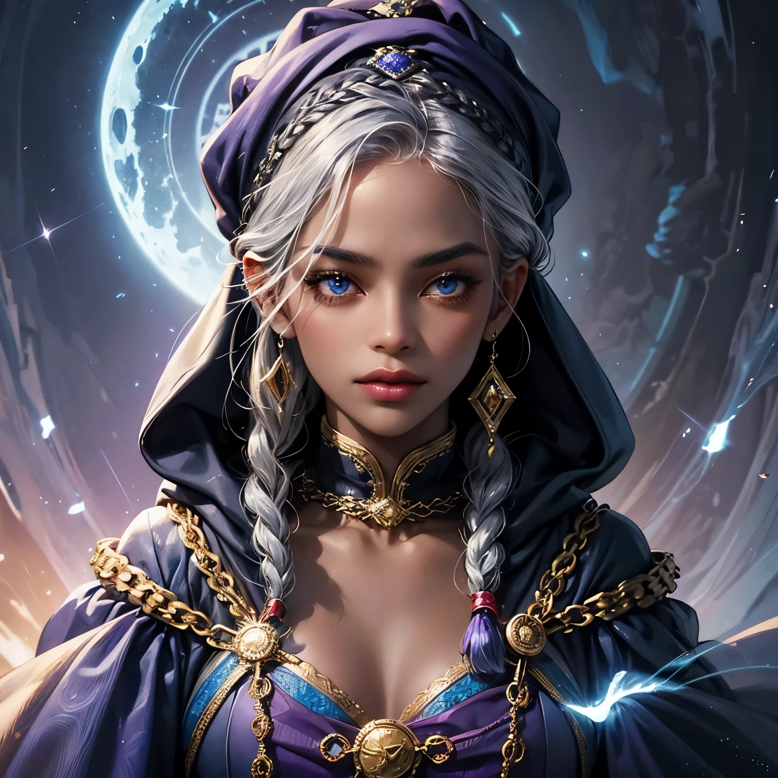 Create a face card portrait for a character description, an adult female of African heritage character with braided grey hair with magic beads, dark skin, African, African skin, glowing blue eyes, dark skin, black character, she is wearing a red, purple and gold feminine fantasy thief clothing with a tunic, a hood, angry, she's very beautiful, dark theme, detailed background of  magic forest and dark silver sky with birds, dark blue colors, very close up picture with face, detailed, 4k