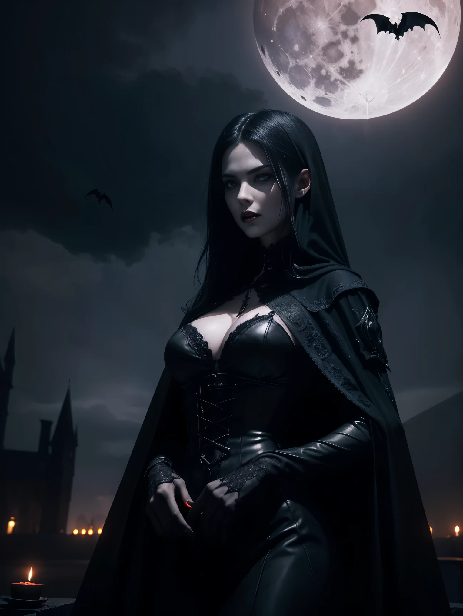 An ultra hot gorgeous European woman. age 23. She’s a vampire with sharp fangs, piercing red eyes, and pale skin,blood dripping from the vampire's mouth,tall and slender figure, wearing a black cloak,standing under a full moon,having a mysterious and intimidating expression,with bats flying around,surrounded by a Gothic castle with dark clouds in the background,(best quality,4k,highres),ultra-detailed,realistic:1.37,night scene with deep shadows and dimly lit candlelight,vivid colors with a dark and sinister color palette,moody and dramatic lighting effect.