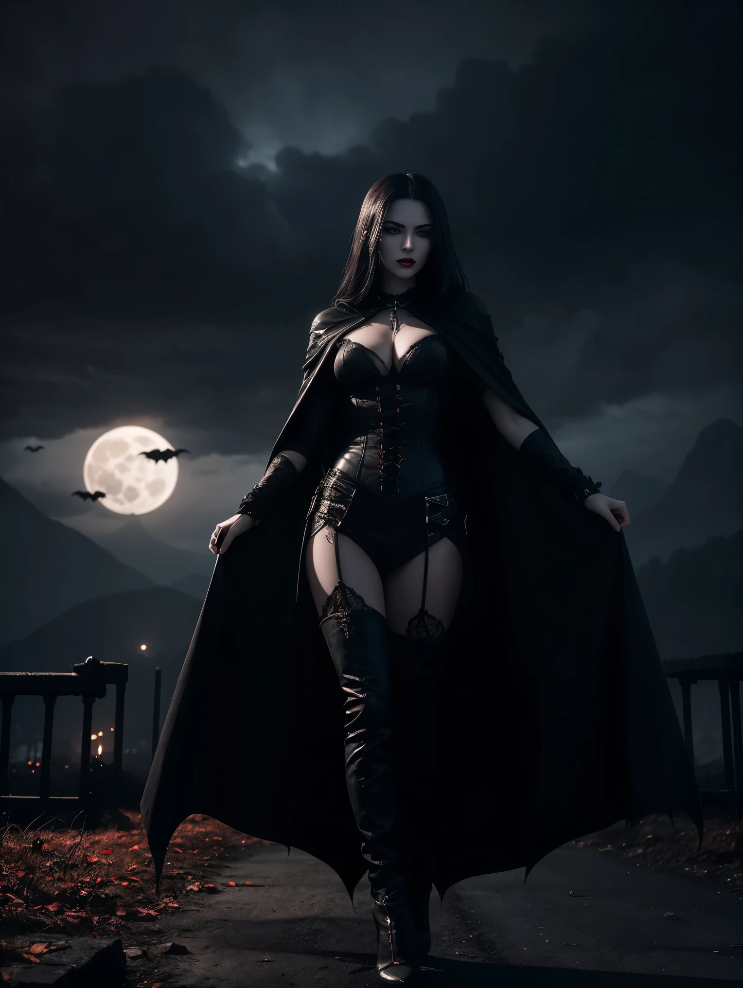 An ultra hot gorgeous European woman. age 23. She’s a vampire with sharp fangs, piercing red eyes, and pale skin,blood dripping from the vampire's mouth,tall and slender figure, wearing a black cloak,standing under a full moon,having a mysterious and intimidating expression,with bats flying around,surrounded by a Gothic castle with dark clouds in the background,(best quality,4k,highres),ultra-detailed,realistic:1.37,night scene with deep shadows and dimly lit candlelight,vivid colors with a dark and sinister color palette,moody and dramatic lighting effect.