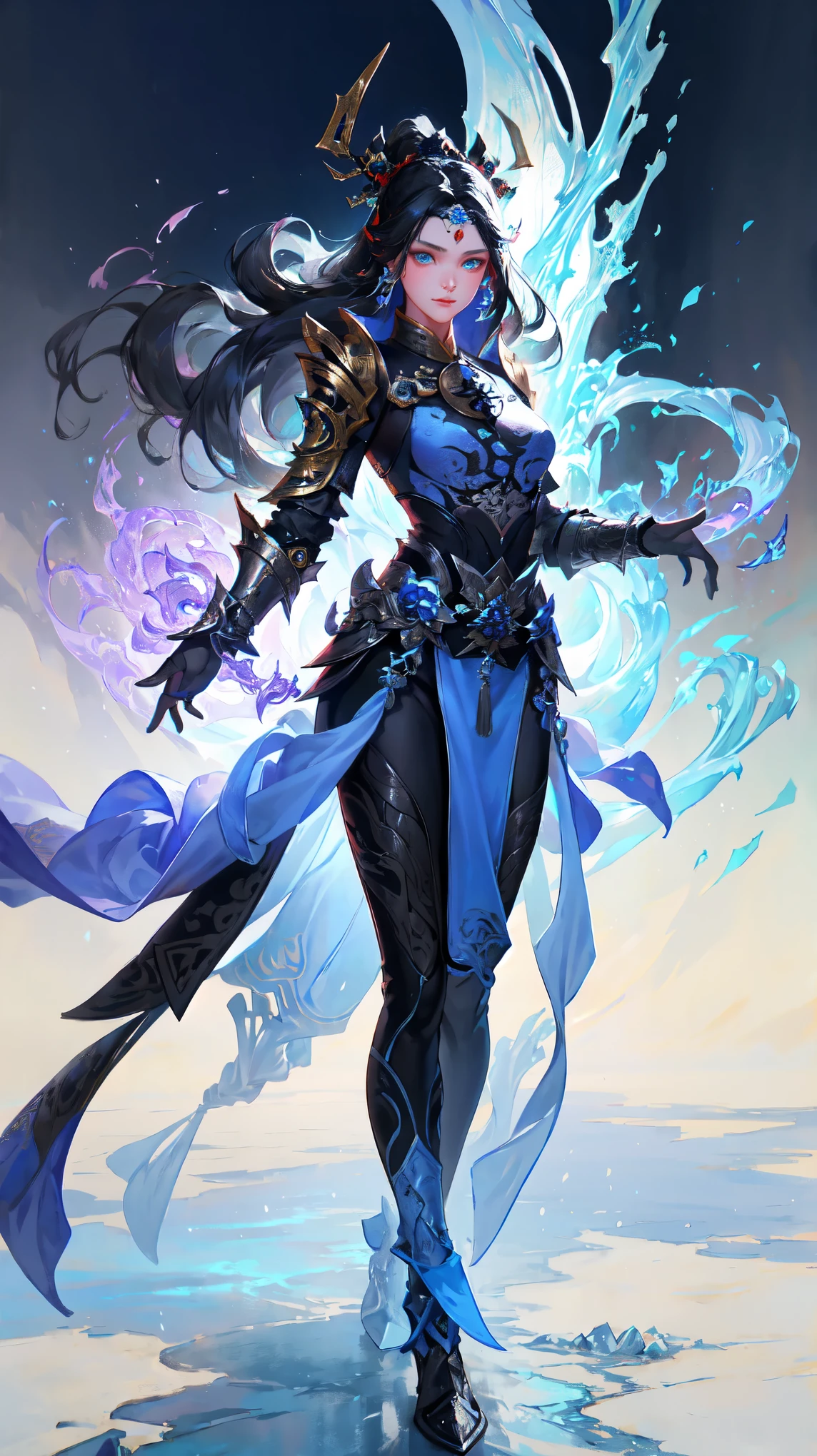 Close-up of a tall woman in her 30s, red eyes and black hair, Dressed in a red and black dress, queen of china, female swordsman, chinese princess, Standing in a Chinese temple, New clothing concept design, blade and soul style, full body character concept, Detailed character design, Inspired by Yang Jin, inspired by trees, Moon themed clothing, Gold set, Inspired by Zhu Lian, Color concept art, Highly detailed character design, Highly detailed face, Inspired by Ai Xuan, Very detailed face, Unreal Engine rendering, final fantasy 14 style