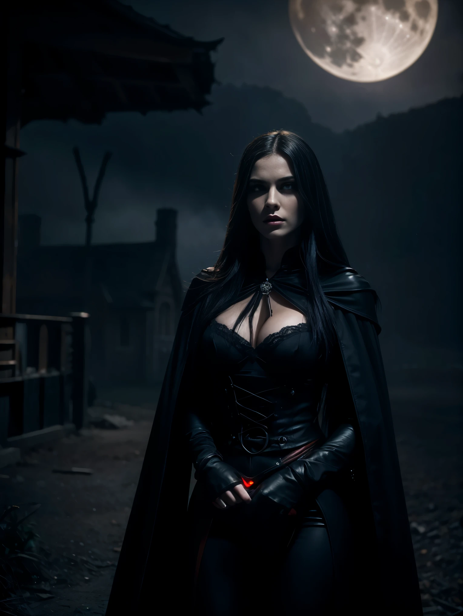 An ultra hot gorgeous European woman. age 23. She’s a vampire with sharp fangs, piercing red eyes, and pale skin,blood dripping from the vampire's mouth,tall and slender figure, wearing a black cloak,standing under a full moon,having a mysterious and intimidating expression,with bats flying around,surrounded by a Gothic castle with dark clouds in the background,(best quality,4k,highres),ultra-detailed,realistic:1.37,night scene with deep shadows and dimly lit candlelight,vivid colors with a dark and sinister color palette,moody and dramatic lighting effect.