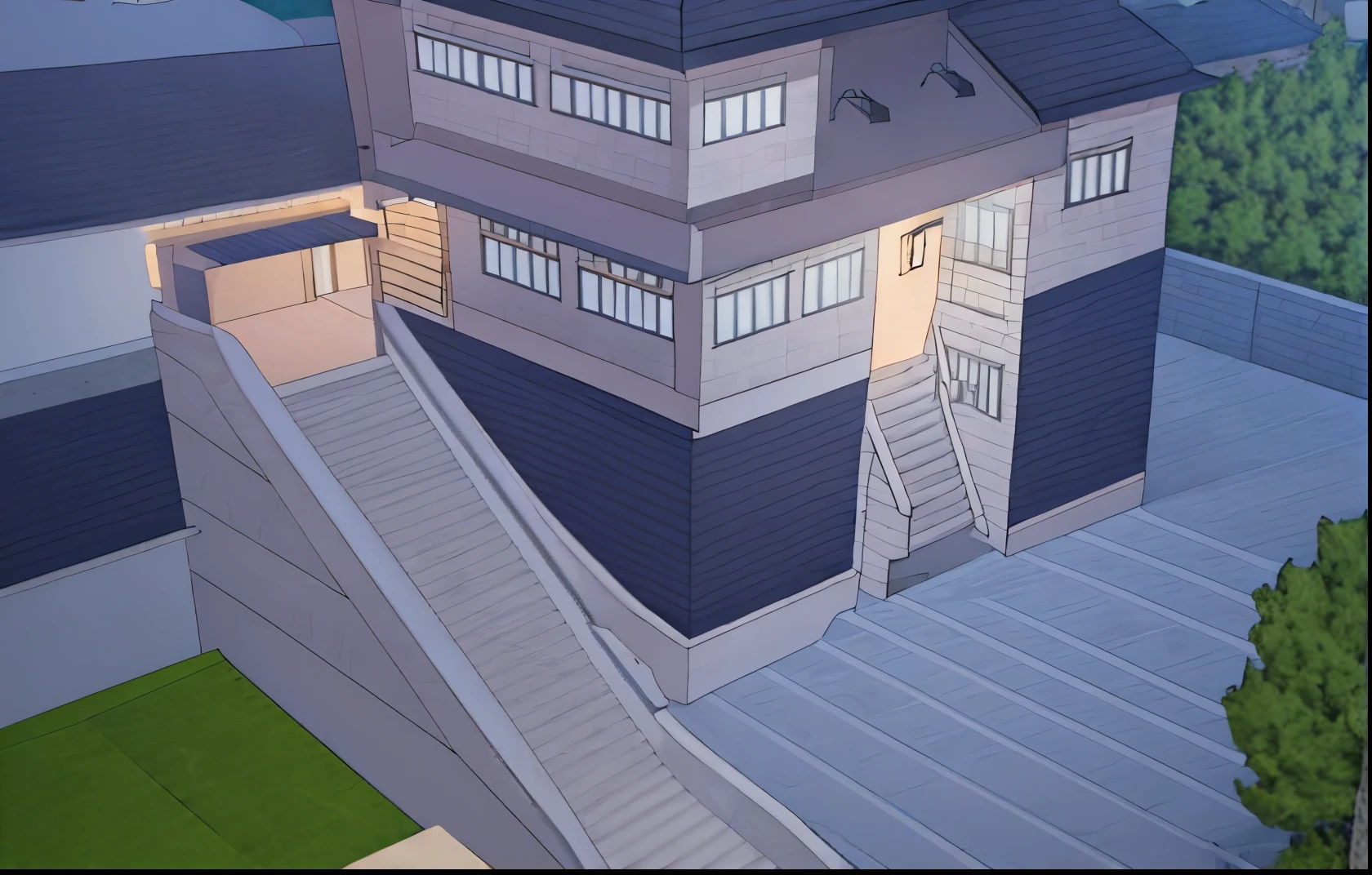 Night view of Dorn's house with one staircase