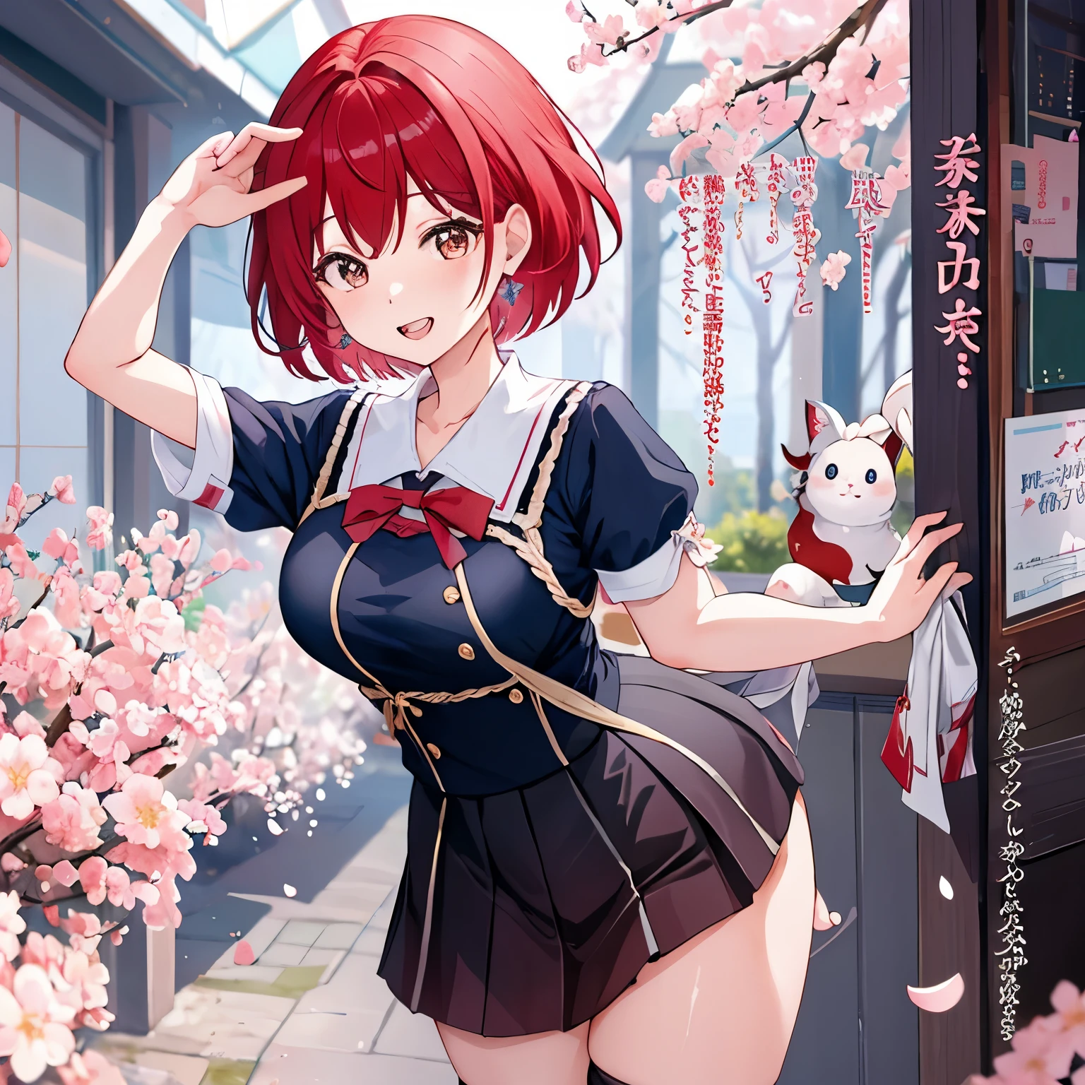 hyper detail diagram ,Ultra-fine illustration, ((((masterpiece)))), high quality, very_expensive_solve, big_file size, full color ,very可愛くて美しい女の子,veryキュートで美しいアニメの顔と目, very繊細な目,eye shadow,woman, young,20-year-old, short hair, alone, 1 girl, white skin , Waist to head, colorful hair(red hair)、Cute short sleeves、double teeth,very smiling、 , turn your arms behind your back, watercolor painting、beautiful background,near sky、amazing background、cherry blossom background、uniform