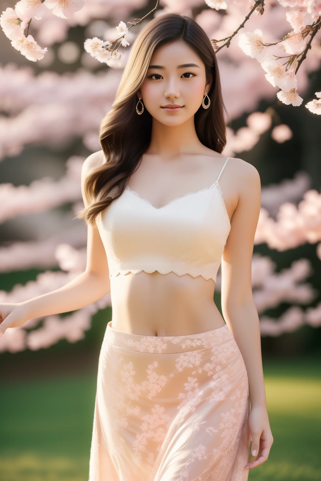 In the tranquil scene, a beautiful young woman is captured in a full-body image, showcasing her slender figure in a western crop top skirt. The superior quality of the image is evident in the super realistic depiction of her face, with visible eyes peeking through the cascading waves of her hair, correctly positioned for an captivating effect. Her natural skin radiates a soft, luminous glow under the gentle light, making her features all the more alluring.
A delicate, floating leaf hovers gracefully around her, adding an intricate touch to the scene. The background pays homage to the beauty of a cherry blossom season, as soft pink petals fill the space