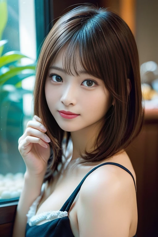 in 8K,Best Quality:1.4, 超A high resolution:1.5, (Photorealistic:1.4),​masterpiece:1.2,(top-quality:1.4)、 Raw photo、aquariums、FULL BODYSHOT、 1 japanese girl, Cute, (Solo), (A slight smil), Smooth skin、(30-years old:1.4)、to stand、 (Brown medium hair,Bangs), (touch hair:1.4)、nogizaka、cute little、Supple fingertips,Beautiful black eyes、natural skin textures:1.3, realistic eyes and face details:1.7、middlebreasts、gazing at viewer、beauty legs、autumnal、fish tank、penguin、whole body