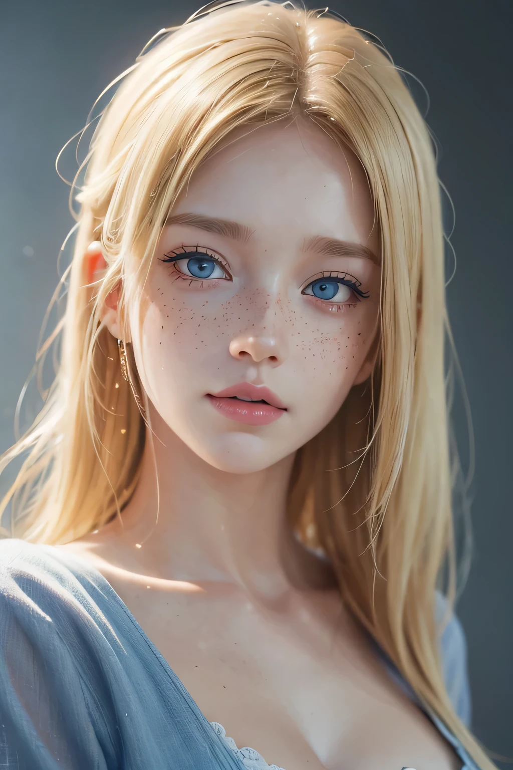 blonde with freckles and blue eyes posing for a photo, digital art by Adam Marczyński, trending on ArtStation, digital art, realistic digital painting, realistic digital art 4k, realistic digital art 4 k, photorealistic digital painting, ultra realistic digital painting, highly realistic digital art, Gorgeous digital painting, Soft Portrait Shot in 8K, amazing digital painting