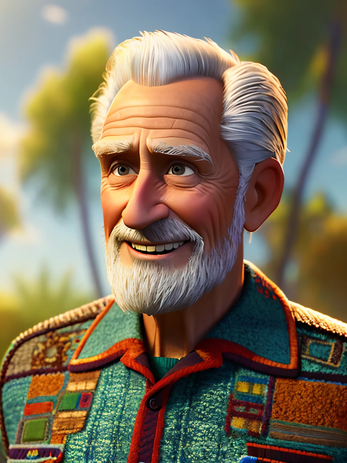 Pixarstyle A waist-high portrait of an elderly man with social clothes, smile, natural skin texture, 4K textures, HDR, intricate, highly detailed, sharp focus, cinematic look, hyper-detailed