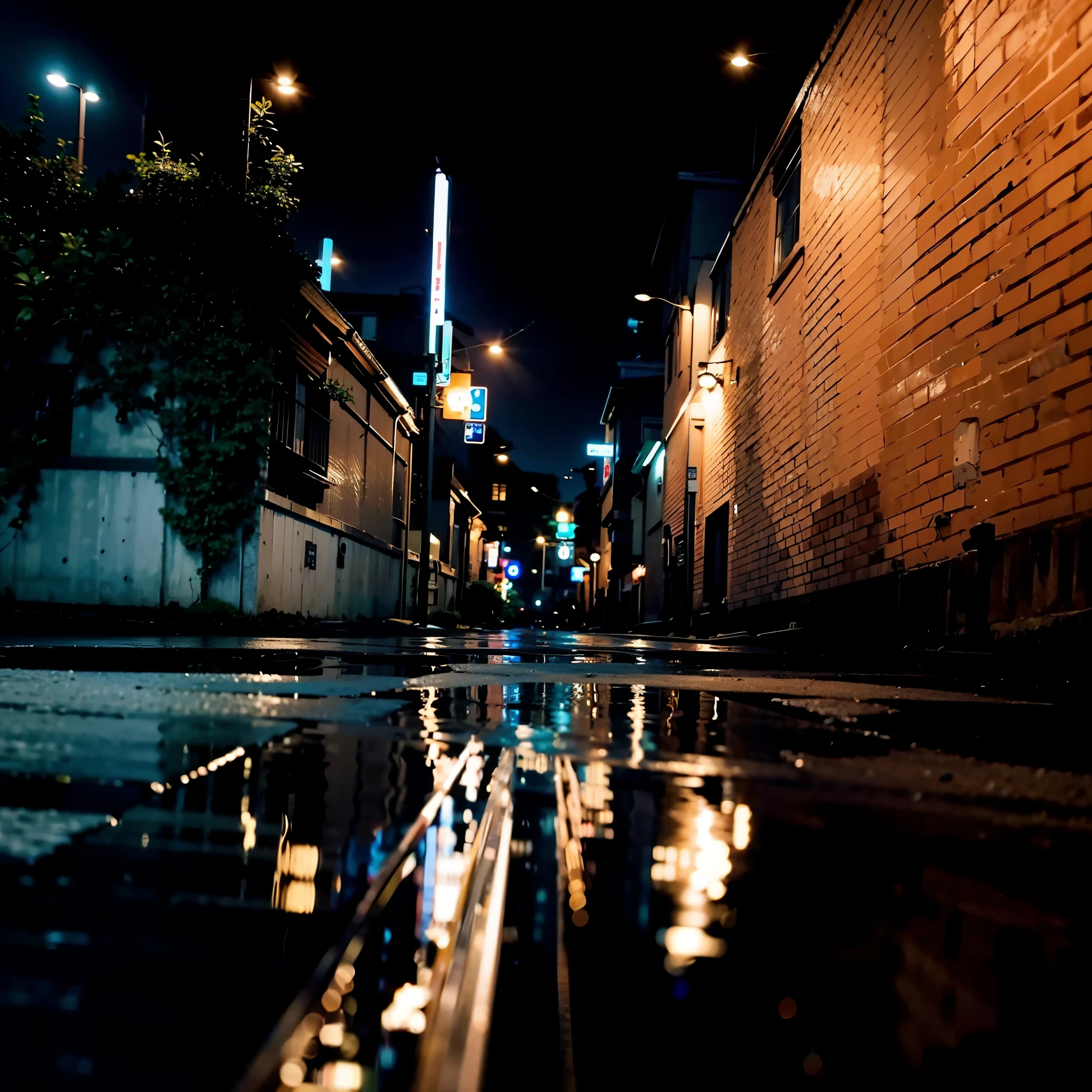 a night scene, with buildings and lights, puddles of water and reflections on the street, Buildings and a dark sky in the background