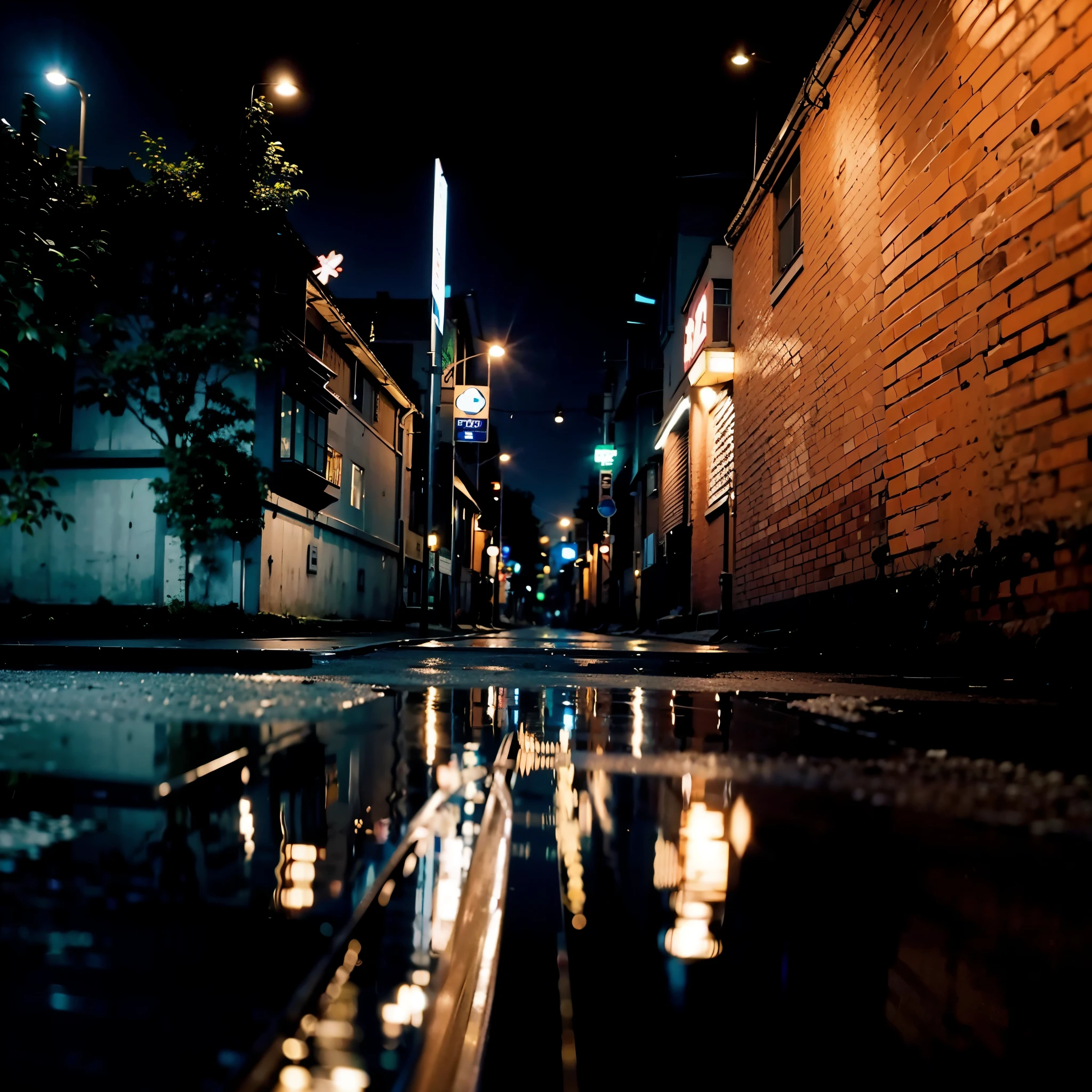 a night scene, with buildings and lights, puddles of water and reflections on the street, Buildings and a dark sky in the background