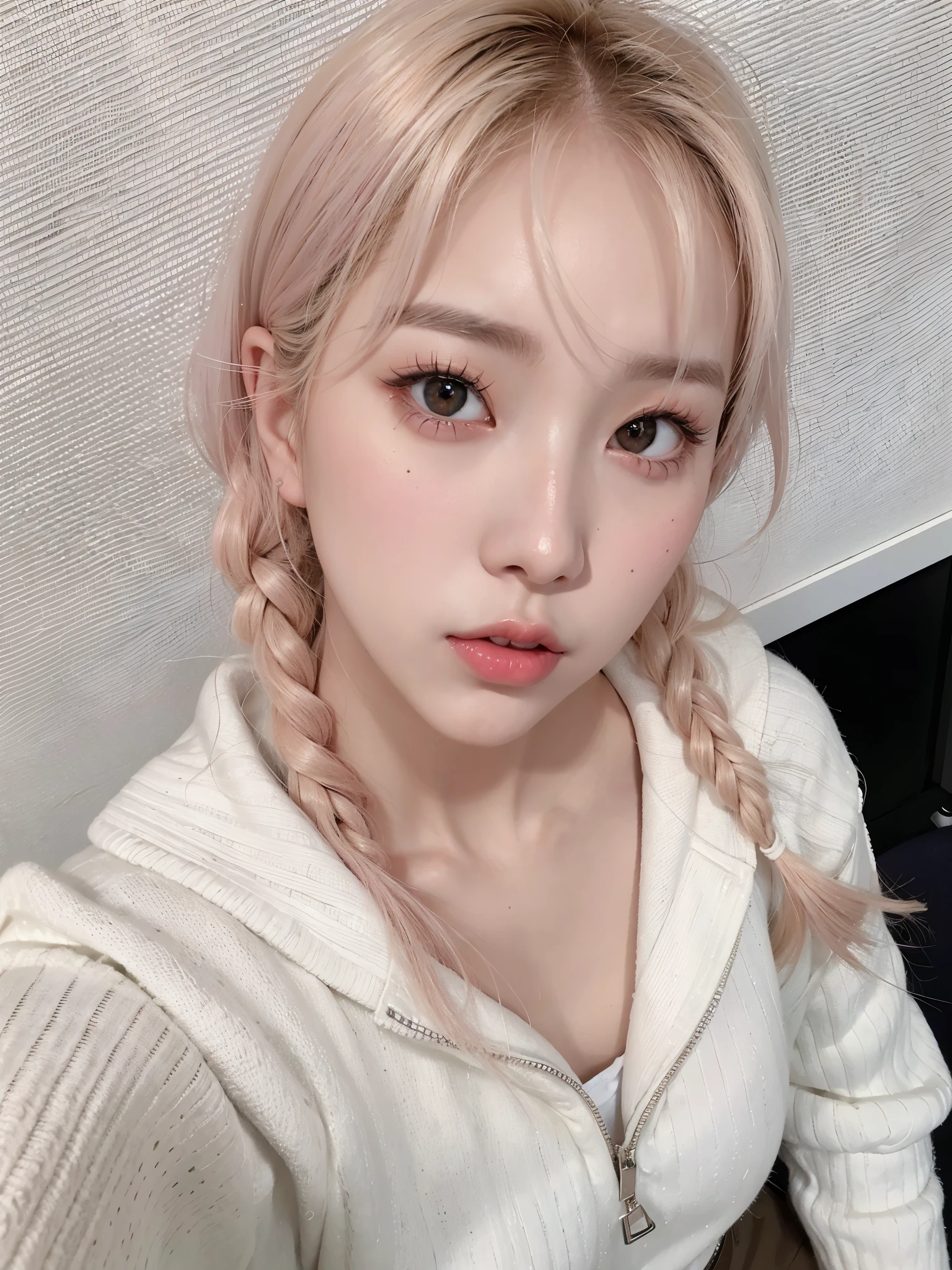 a close-up of a person with blonde hair and a white sweater, ulzzang, jinyoung shin, pale korean adorable face, jaeyeon nam, cara rosada, peinado de coletas, Cabello rosado y ojos cian., sakimichan, pale round face, kim doyoung, ella tiene una cara linda, peinado de dos colas, jung eunbi, eunha