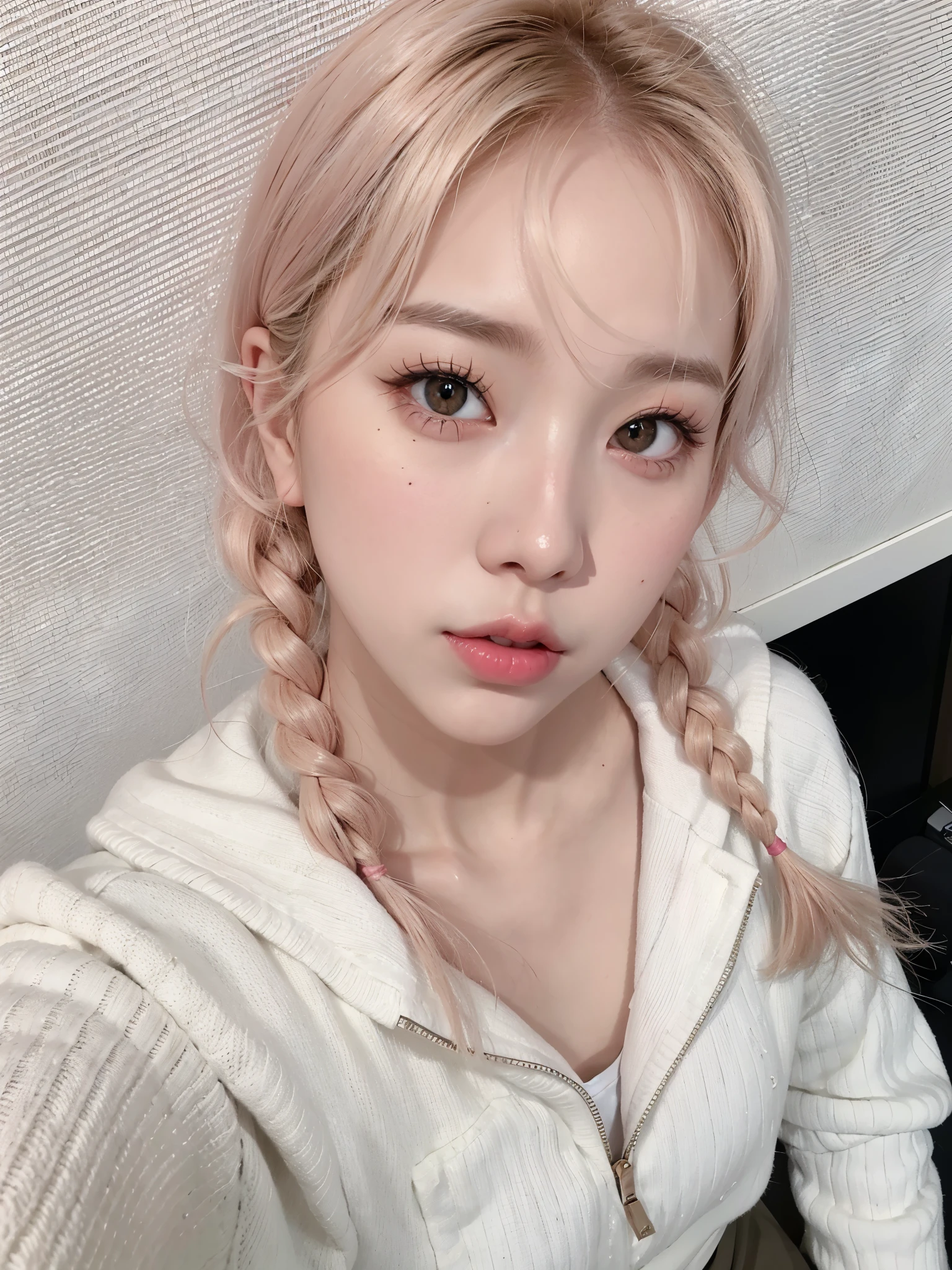a close-up of a person with blonde hair and a white sweater, ulzzang, jinyoung shin, pale korean adorable face, jaeyeon nam, cara rosada, peinado de coletas, Cabello rosado y ojos cian., sakimichan, pale round face, kim doyoung, ella tiene una cara linda, peinado de dos colas, jung eunbi, eunha