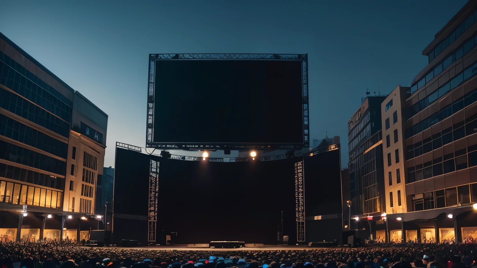 giant dark stage in square with huge screen, cartoon festival