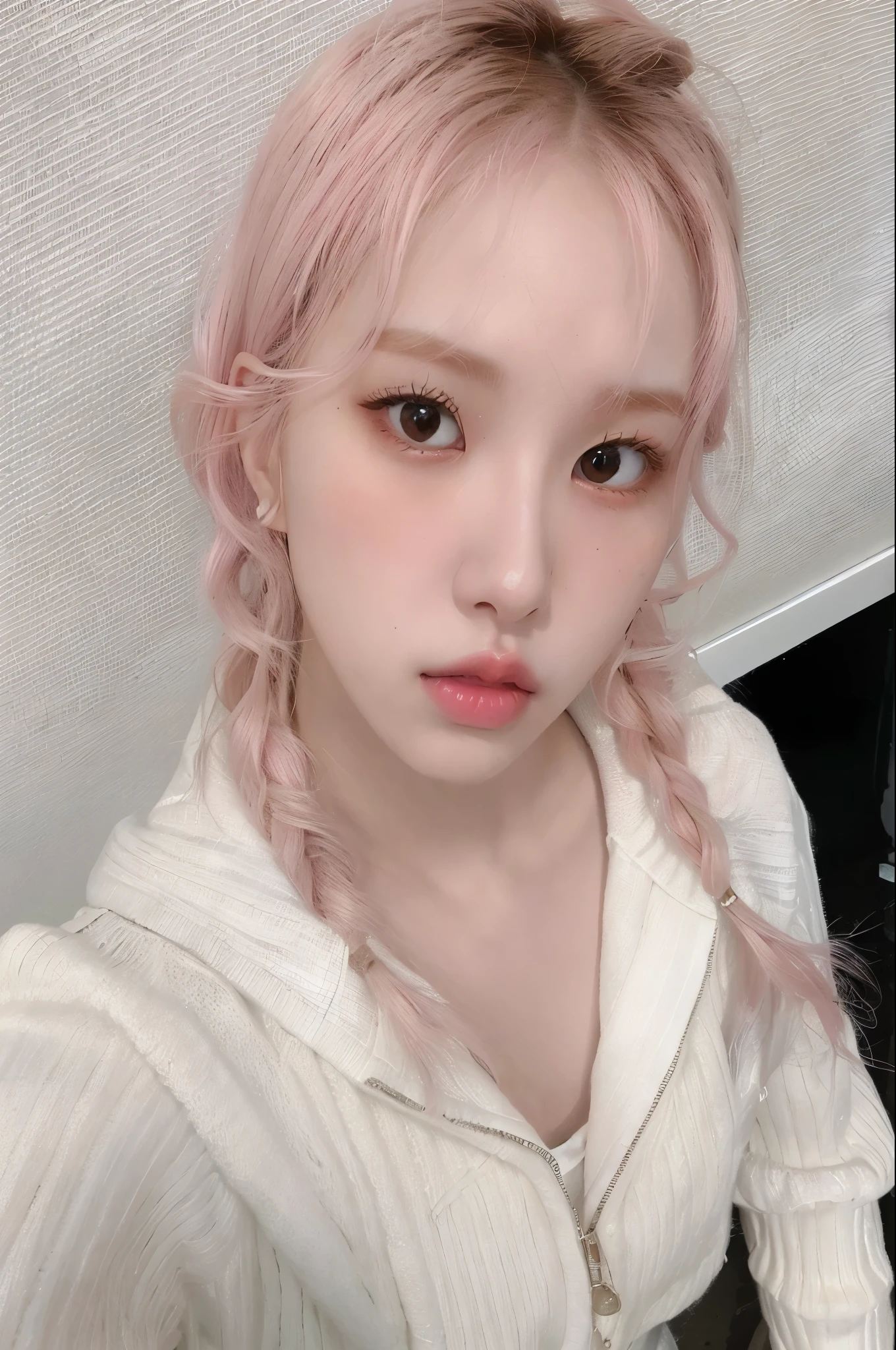 a closeup of a person with pink hair and a white sweater, ulzzang, jinyoung shin, pale korean adorable face, jaeyeon nam, cara rosada, peinado de coletas, Cabello rosado y ojos cian., sakimichan, pale round face, kim doyoung, ella tiene una cara linda, peinado de dos colas