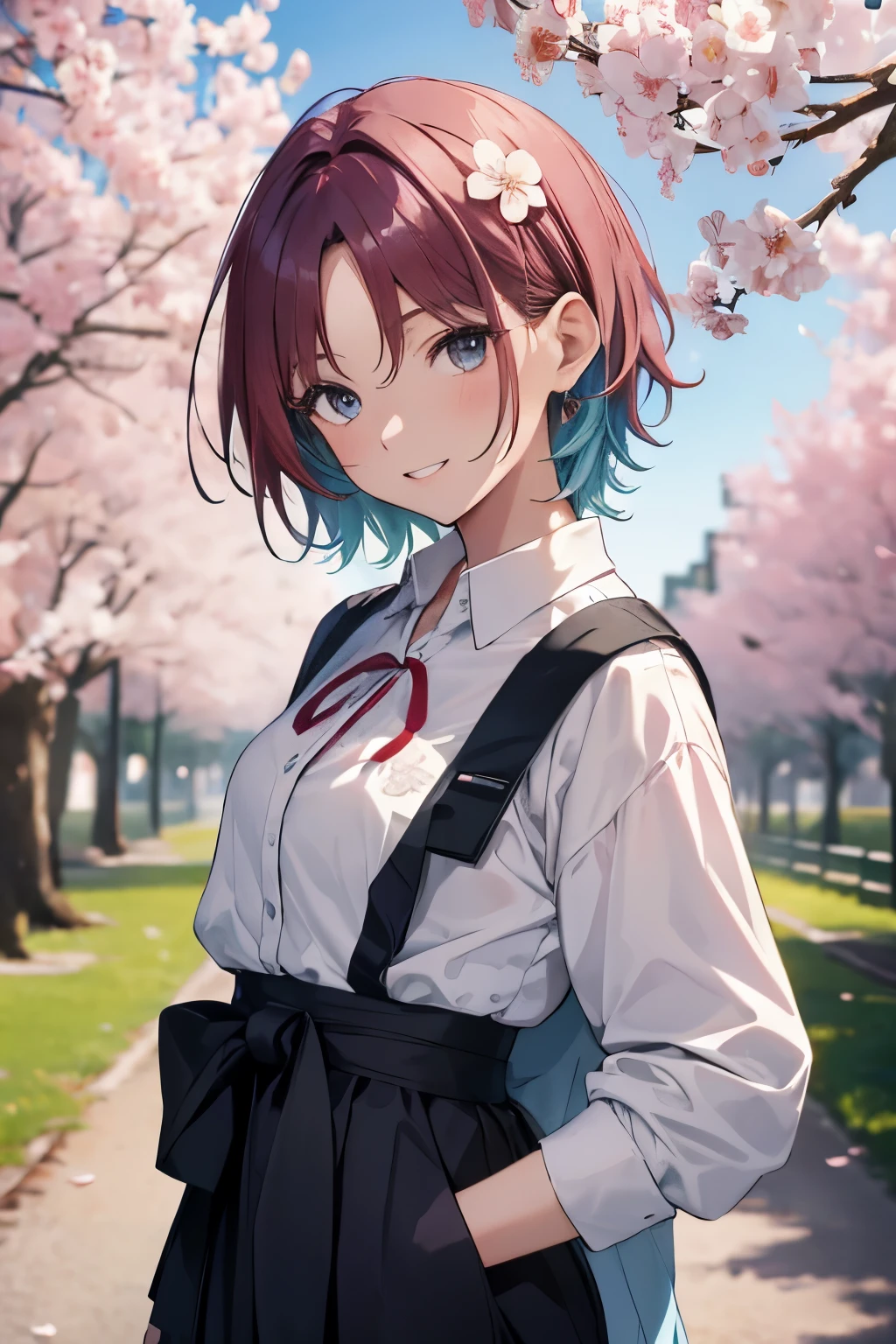 hyper detail diagram ,Ultra-fine illustration, ((((masterpiece)))), high quality, very_expensive_solve, big_file size, full color ,very可愛くて美しい女の子,veryキュートで美しいアニメの顔と目, very繊細な目,eye shadow,woman, young,20-year-old, short hair, alone, 1 girl, white skin , Waist to head, colorful hair(red hair)、Cute short sleeves、double teeth,very smiling、 , turn your arms behind your back, watercolor painting、beautiful background,near sky、amazing background、cherry blossom background、uniform