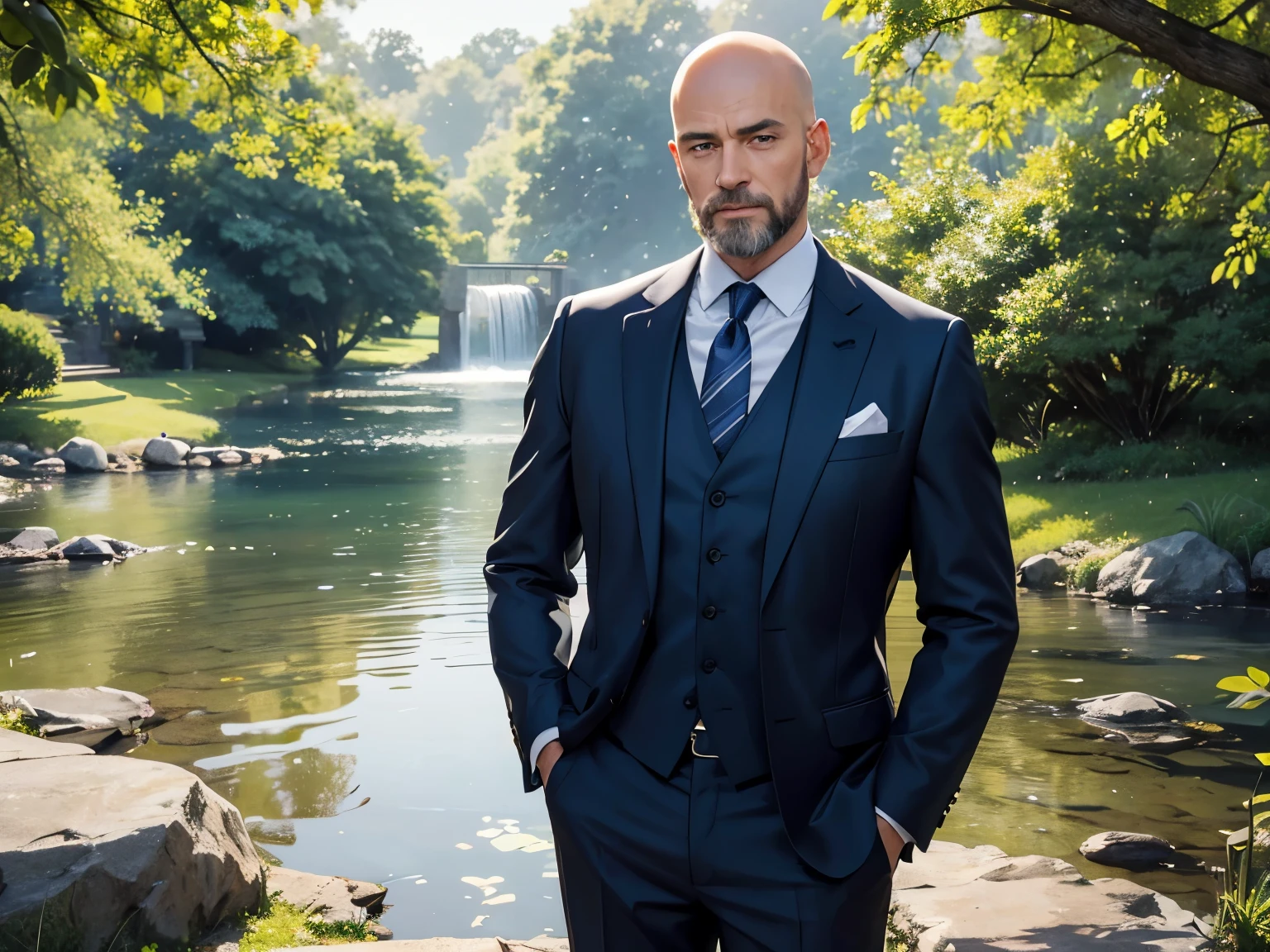 A middle-aged white man, handsome, bald; in a garden with vibrant flowers and lush greenery; wearing a tailored navy blue suit and a crisp white shirt; confident and charismatic expression on his highly detailed face; piercing blue eyes and a well-groomed salt-and-pepper beard; standing confidently with one hand in his pocket; surrounded by soft, golden sunlight; a picturesque background of tall, swaying trees and a serene pond; the man exudes an air of sophistication and elegance; the image quality is of the highest caliber, with sharp focus and exquisite attention to detail; the colors are vibrant, with a warm and inviting color palette; the lighting is natural and soft, casting a flattering glow on the man's features; overall, the image exudes a sense of polished refinement and timeless beauty.